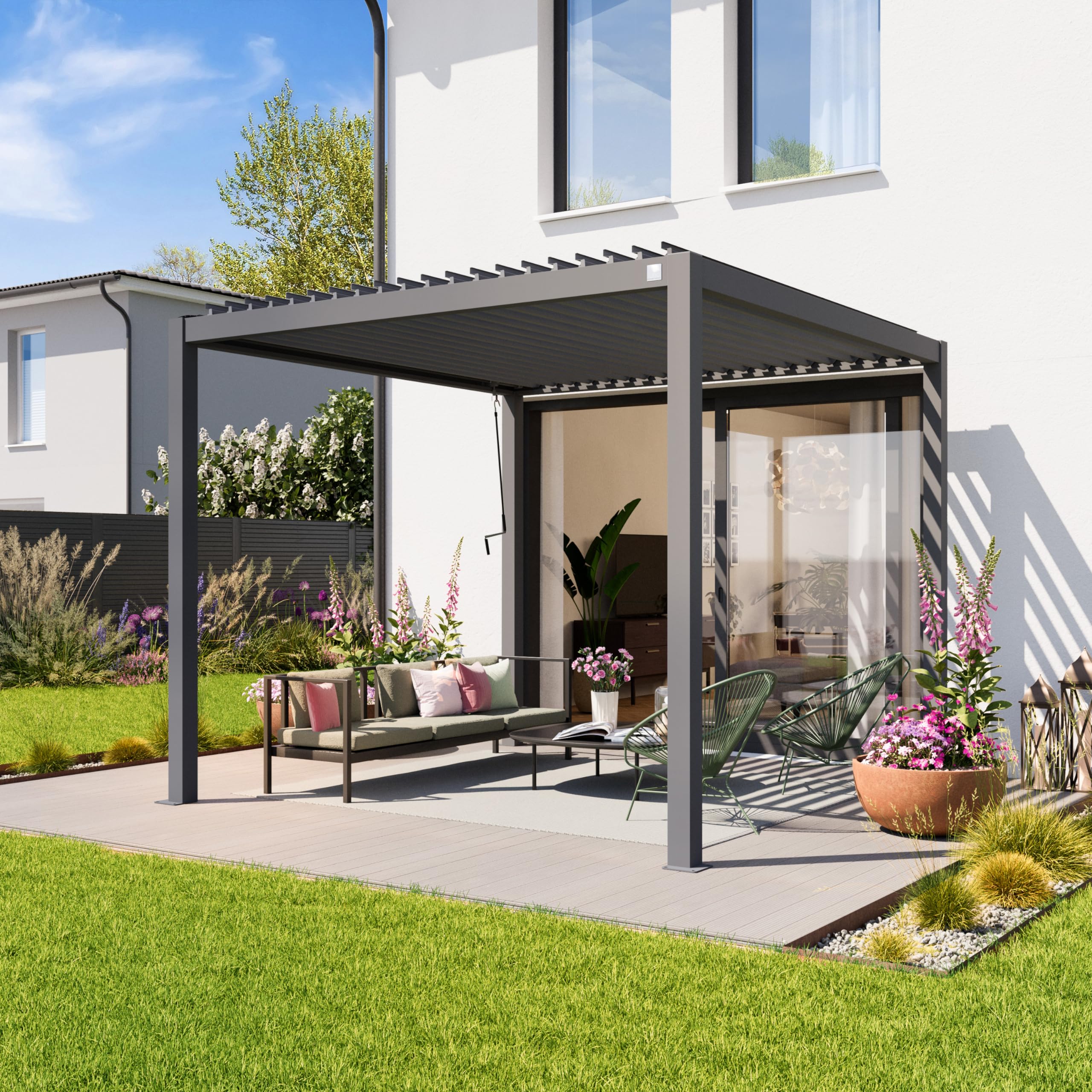 PRIMEYARD Pergola 3x3 m słupy aluminium z dachem z listew stalowych szara osłona tarasu
