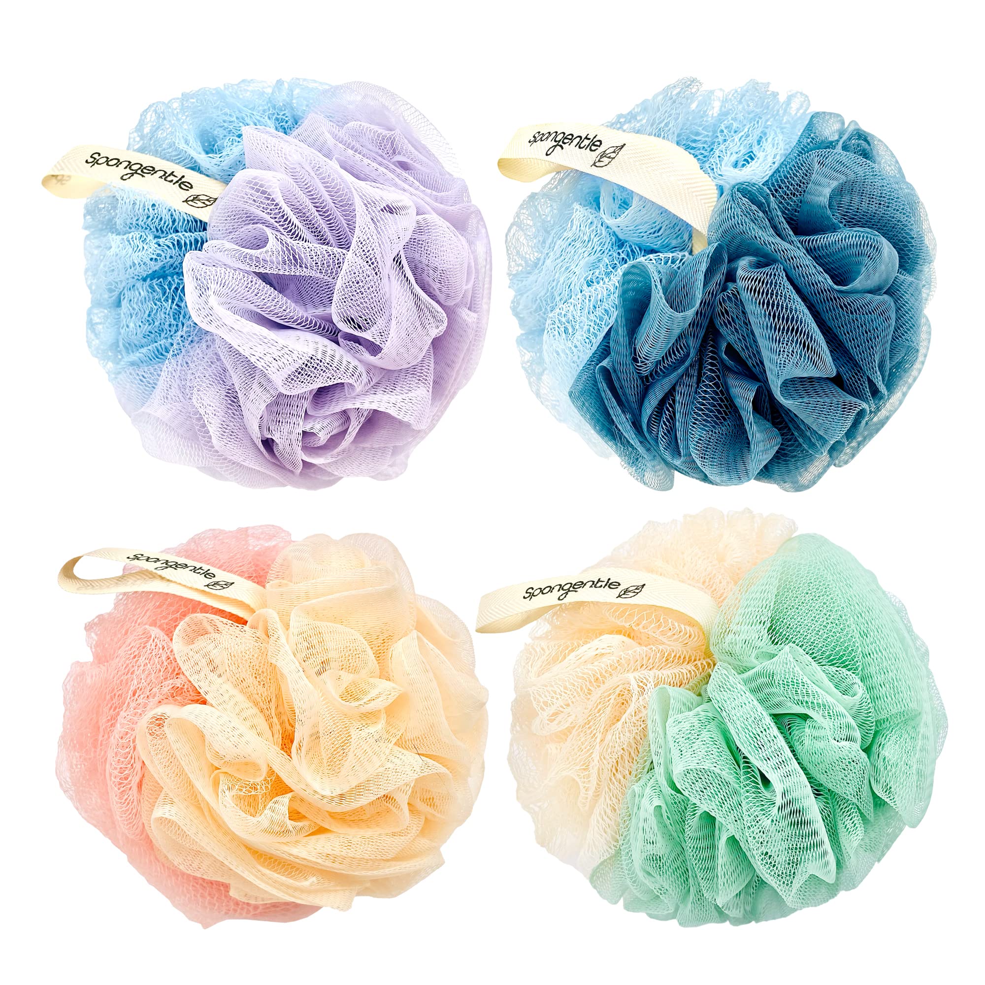 Spongentle Dual Texture Deep Cleansing Loofah Sponge for Radiant Skin, Pack of 4, Bath and Shower, Exfoliating Body Scrubber, Beautiful Colors for Women and Men