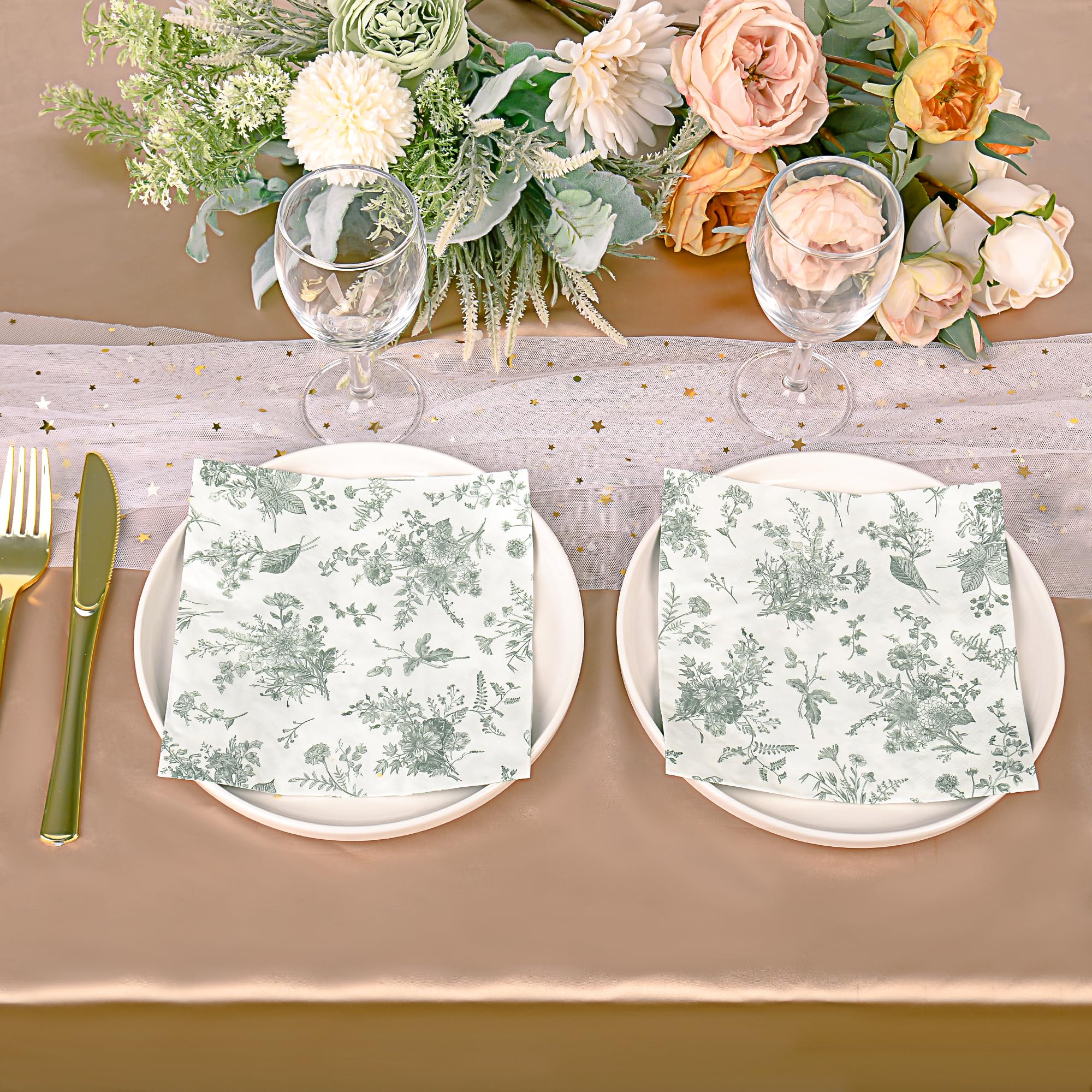 100 Stück Blumen-Servietten Salbeigrün & Weiß – 3-lagige Papierservietten Für Hochzeit, Baby-Shower, Geburtstag & Feiern