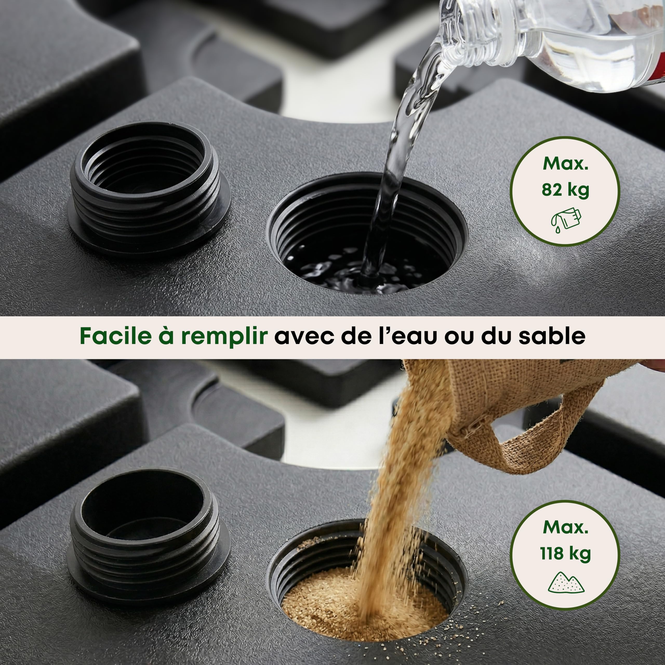 ACAZA Set de 4 Dalles Parasol, lestage à Remplir avec de l'Eau, jusqu'à 118kg, Noires en Plastique, Base pour pied de Parasol, à Pied en Croix