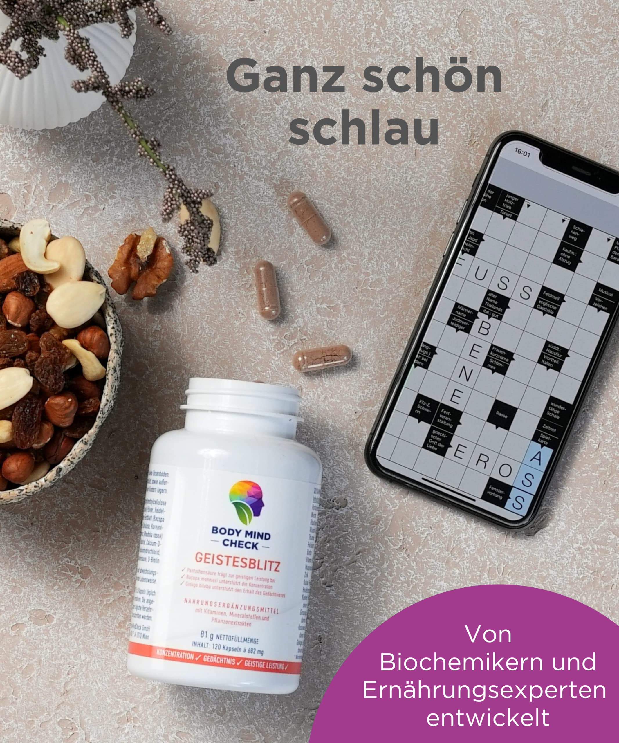 GEISTESBLITZ - natürliche Konzentrations Tabletten zum Lernen und Arbeiten - 120 Brain Booster Focus Kapseln hochdosiert - Focus Booster Gedächtnis Tabletten - Nootropic Gehirn Gedächtniskapseln