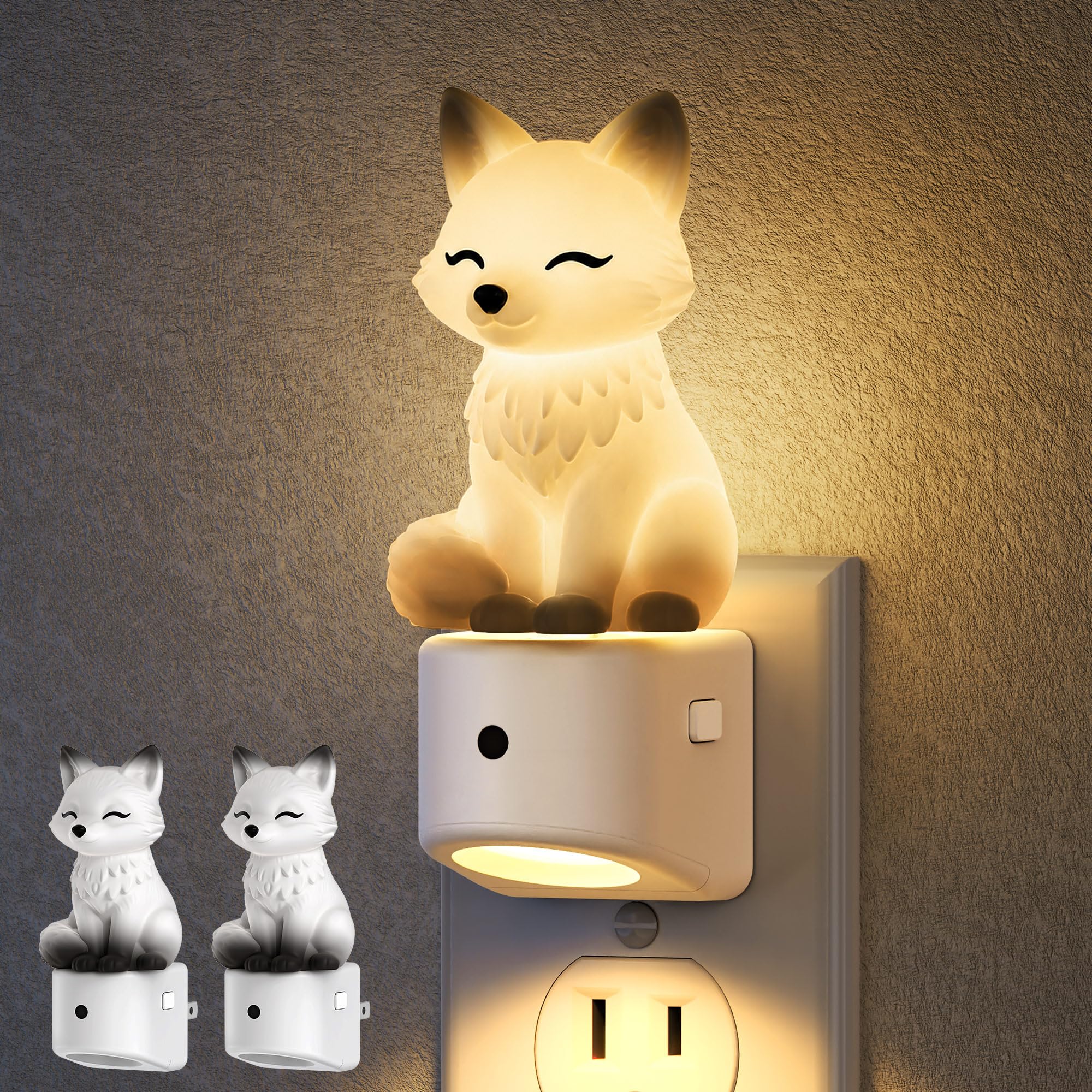 DORESshop Night Light for Kids,White Fox Night Lights Plug into Wall,2 Pack