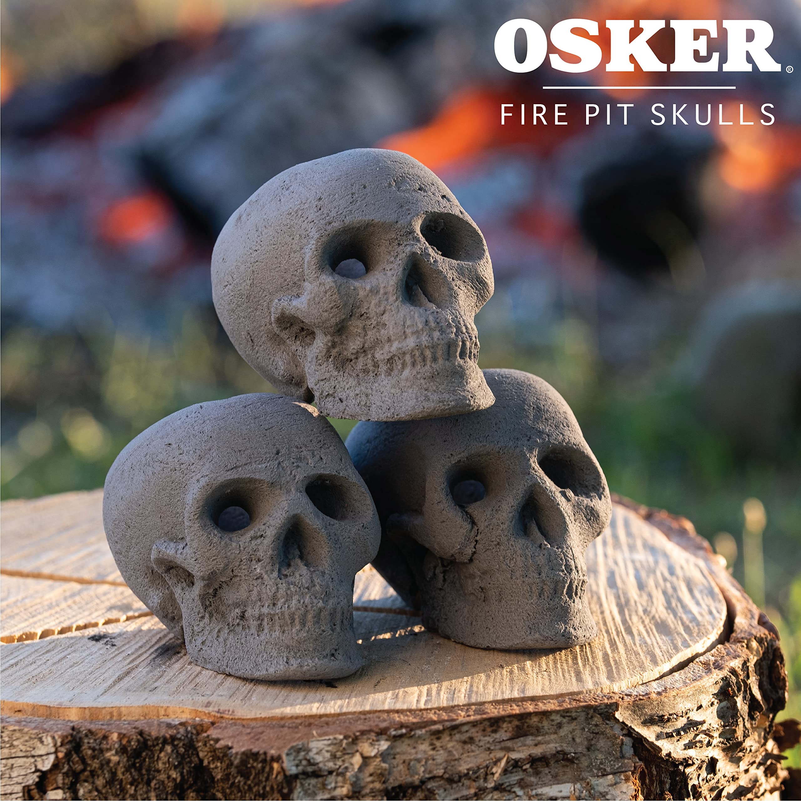 Amazon.com : OSKER Mini - 3 Count | Ceramic Fireproof Fire Pit Skull Log  for Bonfire, Campfire, Fireplace, Firepit | Halloween Decor | for Gas,  Propane, or Wood Fires - Gray : Patio, Lawn u0026 Garden