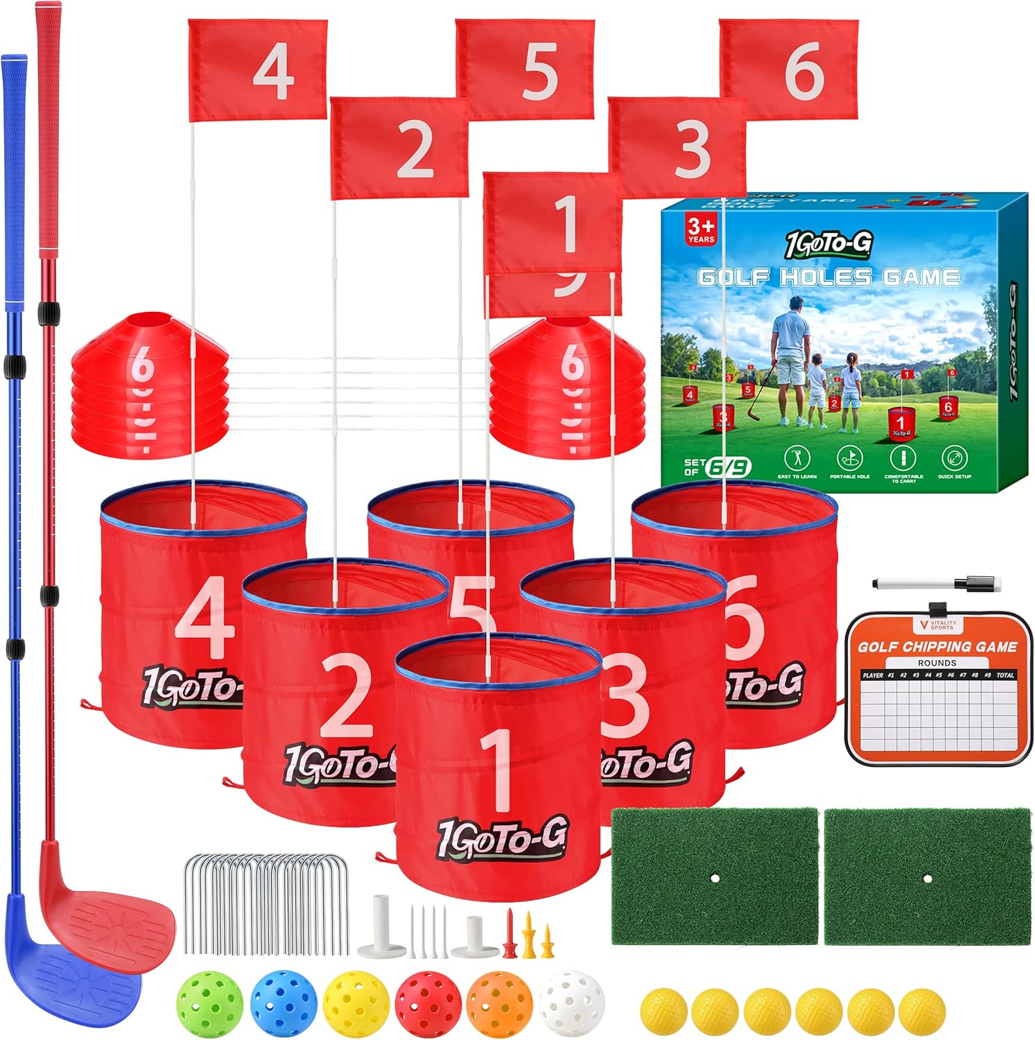Golf Bucket Game, Backyard Golf Game for Golf Enthusiast- Portable 6 Holes Golf Course Play Outdoor, Lawn, Park, Beach, Yard, Camping with Club.