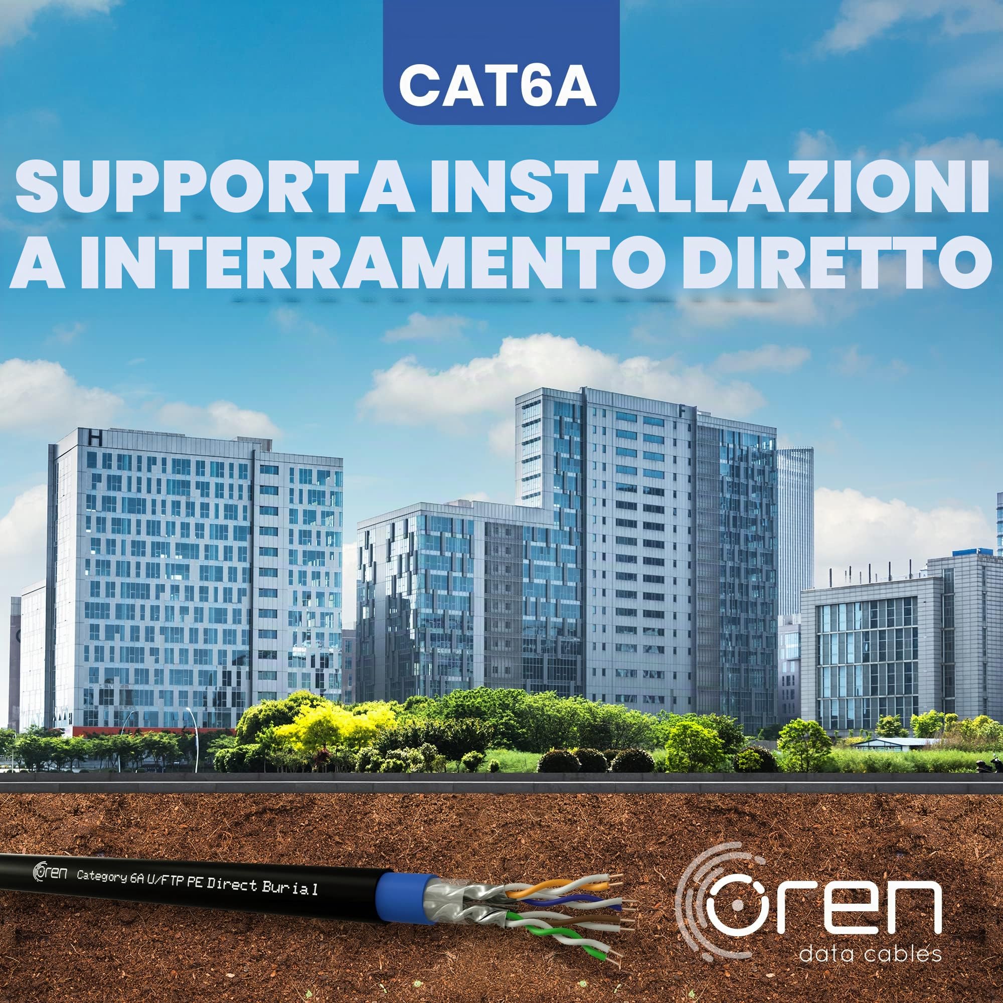 Oren CAT6A 50m Cavo Ethernet da Esterno - Interramento Diretto - 23 AWG Cavo in Rame Nudo – 500 MHz Larghezza Banda U/FTP Cavo di Rete LAN Internet, senza alogeni, anticorrosivo- 10GbE