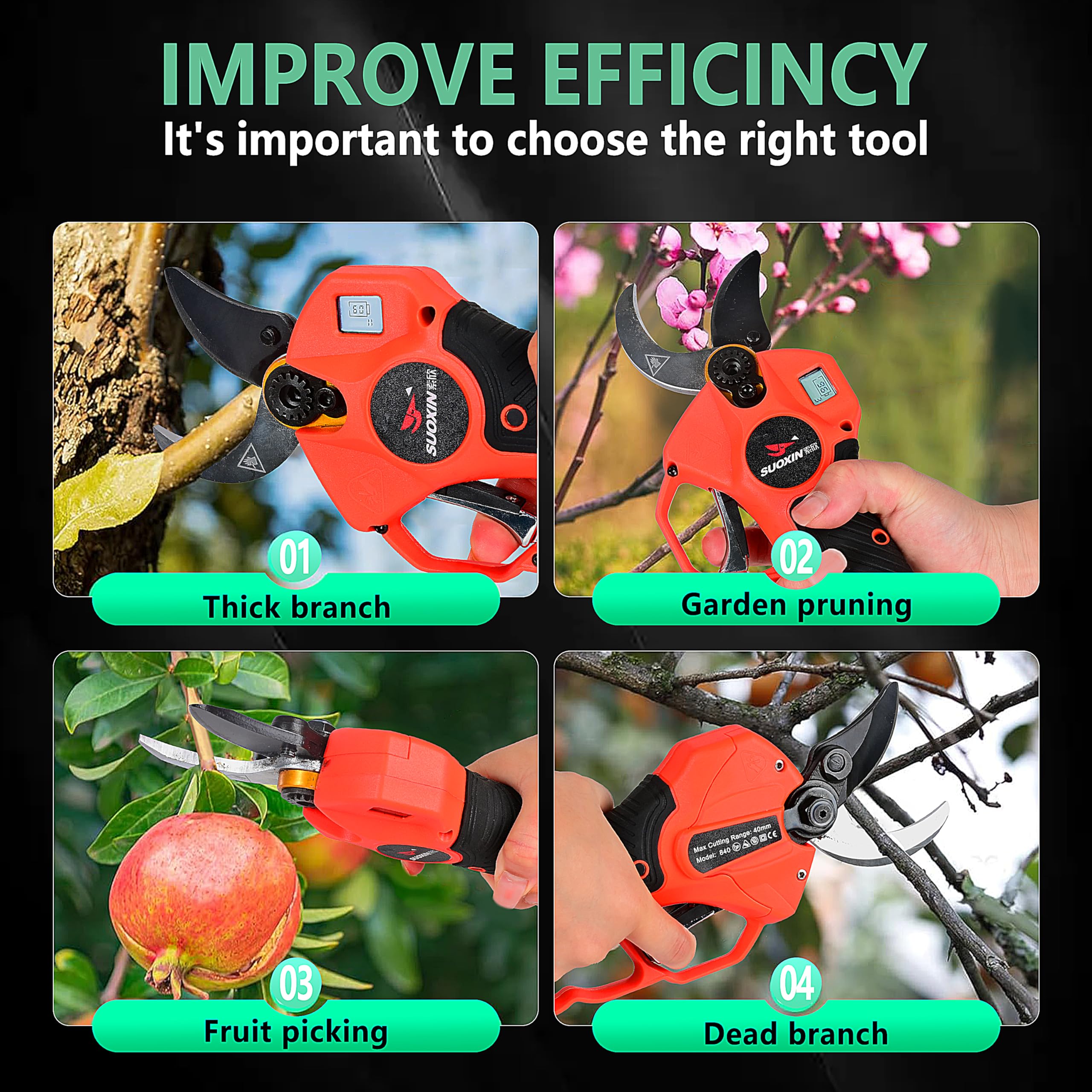 Tijeras de Podar Eléctricas Inalámbricas Suoxin 2 en 1 con Poste Telescópico Plegable de 1.9 m, Hoja SK5, Corte de 1.6", Pantalla LCD, 2 Baterías de 4Ah para Jardín
