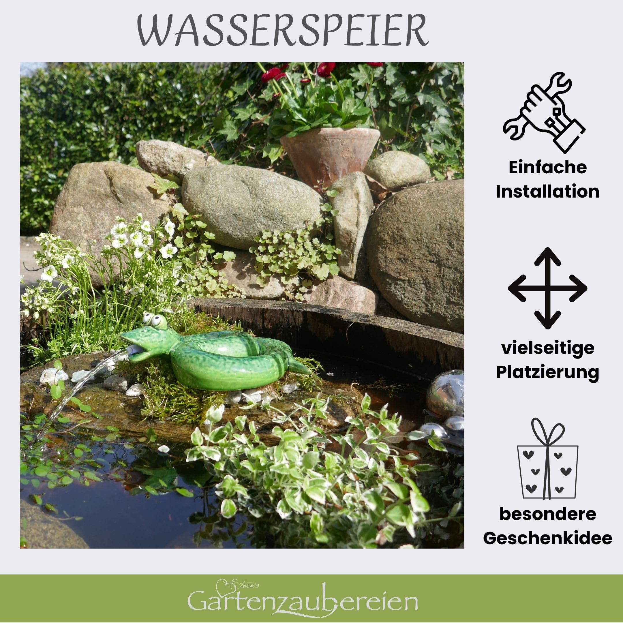 Wasserspeier Schlange mit Pumpe - aus Keramik in grün für Balkon Terrasse und Miniteich - Teichdeko