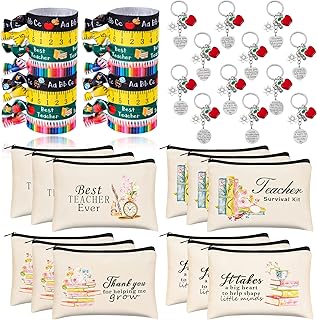 40 Pieces Teacher Appreciation Gifts Set 12 Teacher Survival Kit Makeup Pouch Cosmetic Bag 12 Teacher Keychains Appreciation Key Ring 16 Teacher Hair Ties No Crease Ribbon Elastic Ponytail Holder