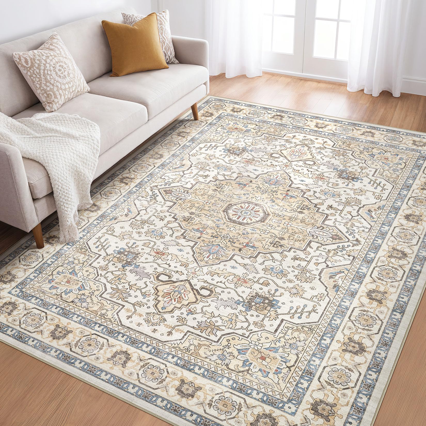 LOONGRUG 6x8 Area Rug Washable Vintage Boho Living Room Rug Sand Blue