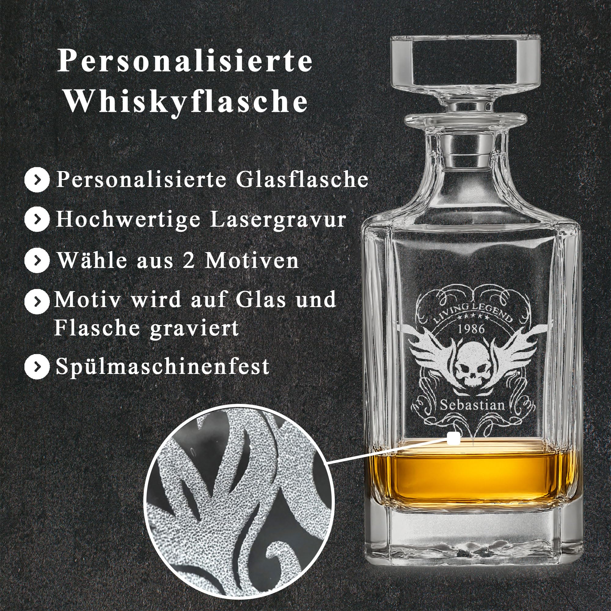 LOOXIS Personalisiertes Whisky Geschenkset mit Namen & Motiv graviert - 1x 300ml Whiskyglas, 700ml Karaffe, 1x Edelstahleiswürfel- Geschenkidee Männer, Vatertag, Weihnachten - Geschenkset 1, Motiv 1