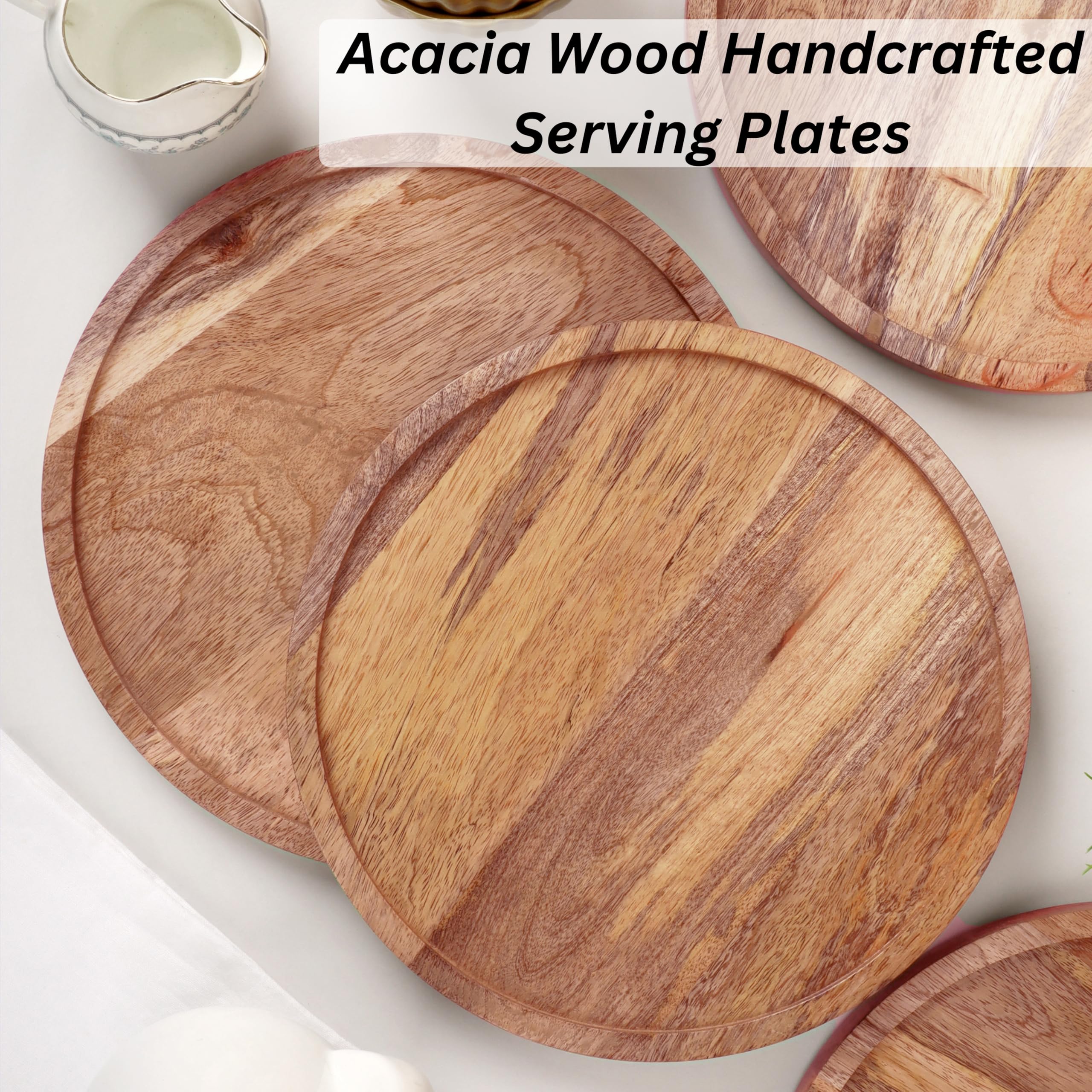 CLEENTABLE Acacia Wood Appetizer Plate, 11 Inch, Natural Brown, Set of 4 - Handcrafted, Reusable