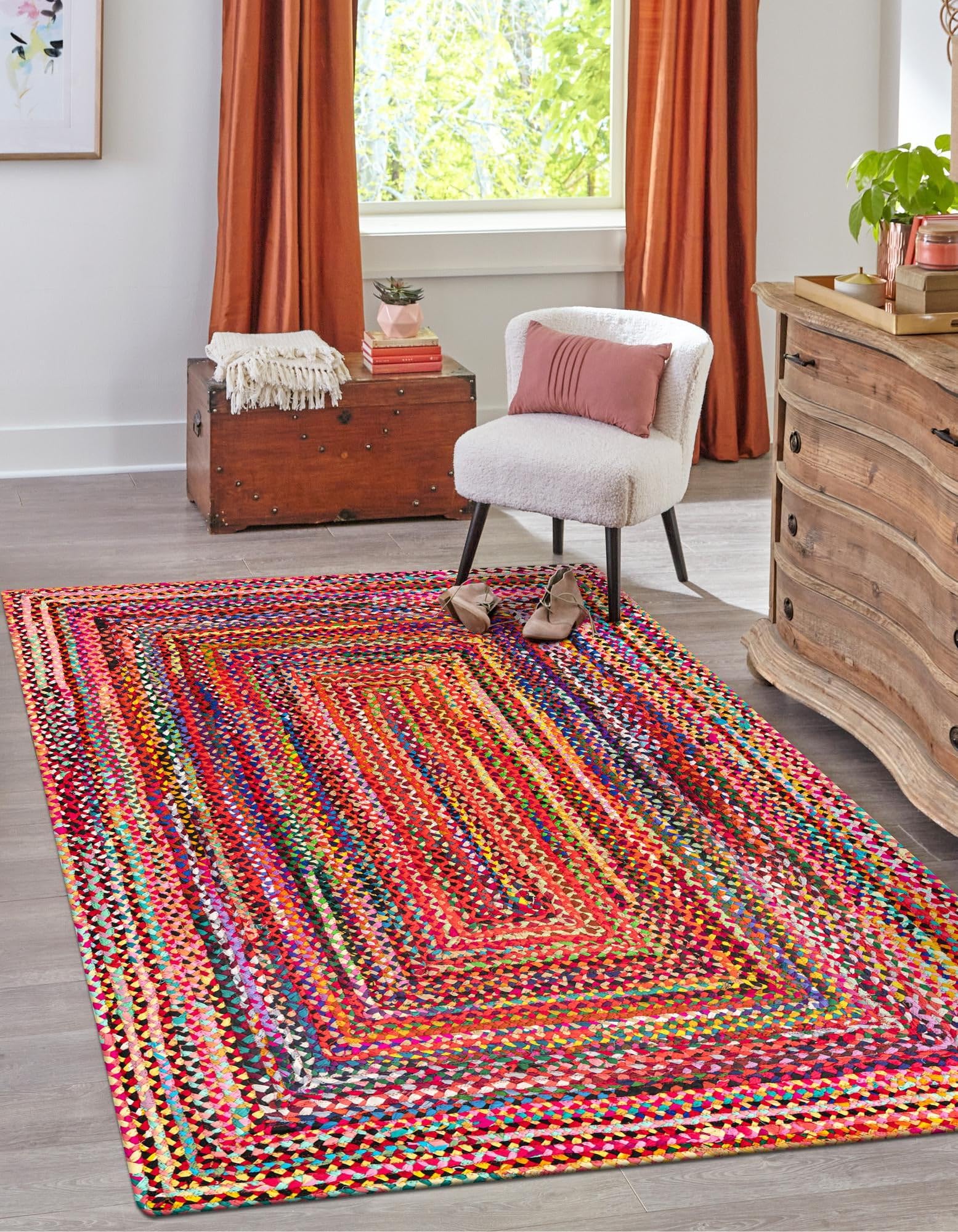 Alfombra de algodón trenzado multicolor y rectangular tejida a mano en India de 120x360 cm