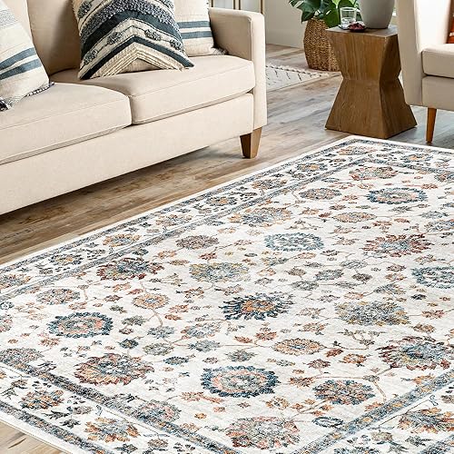 5x7 Washable Vintage Boho Area Rug - Non Slip, Foldable Carpet for Living Room, Bedroom, Kitchen - Beige/Multi - Print Design
