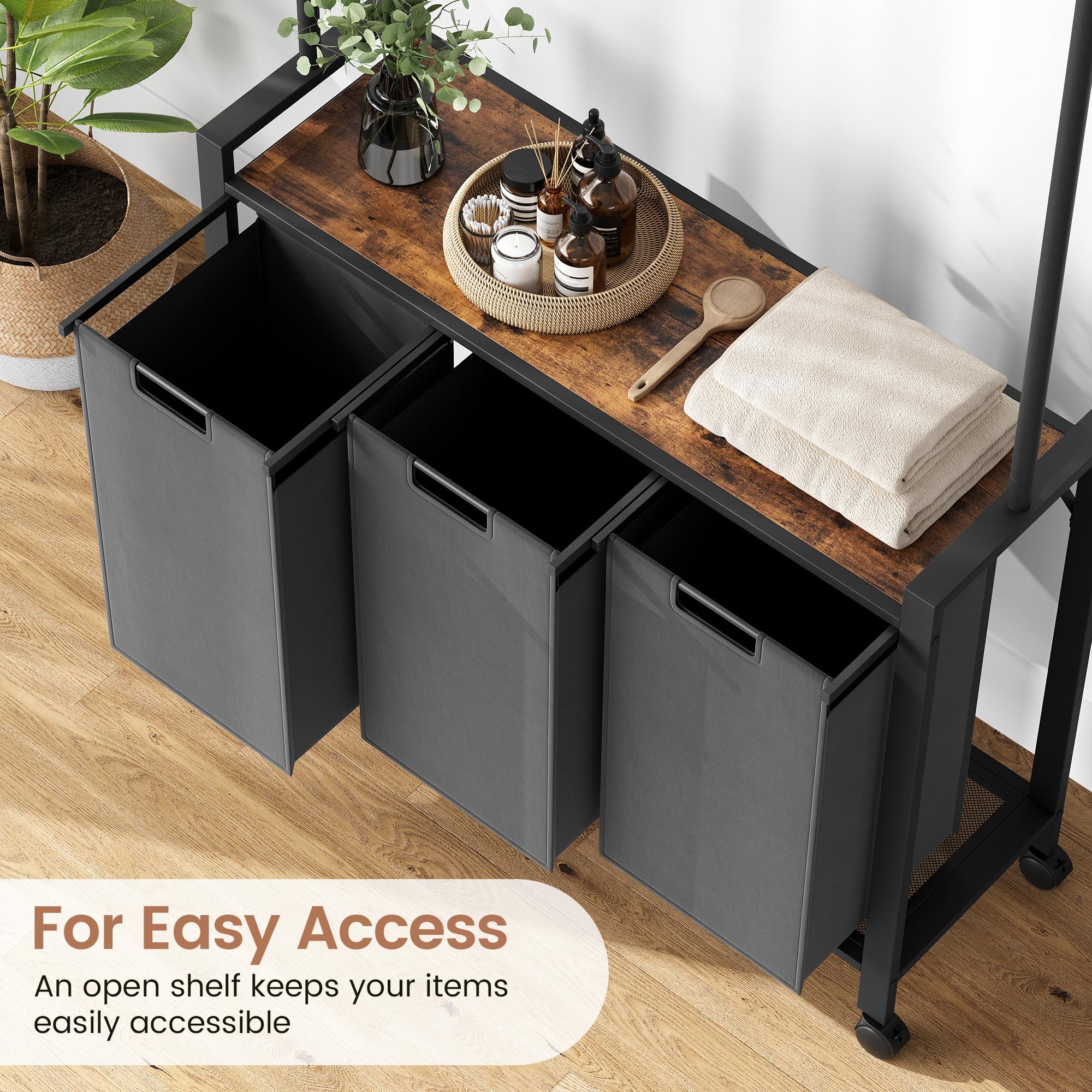 Laundry Sorter 3 Section With Extendable Hanging Bar, Heavy Duty Laundry Basket With Rolling Lockable Wheels And Shelf, Laundry Room Organization And Storage