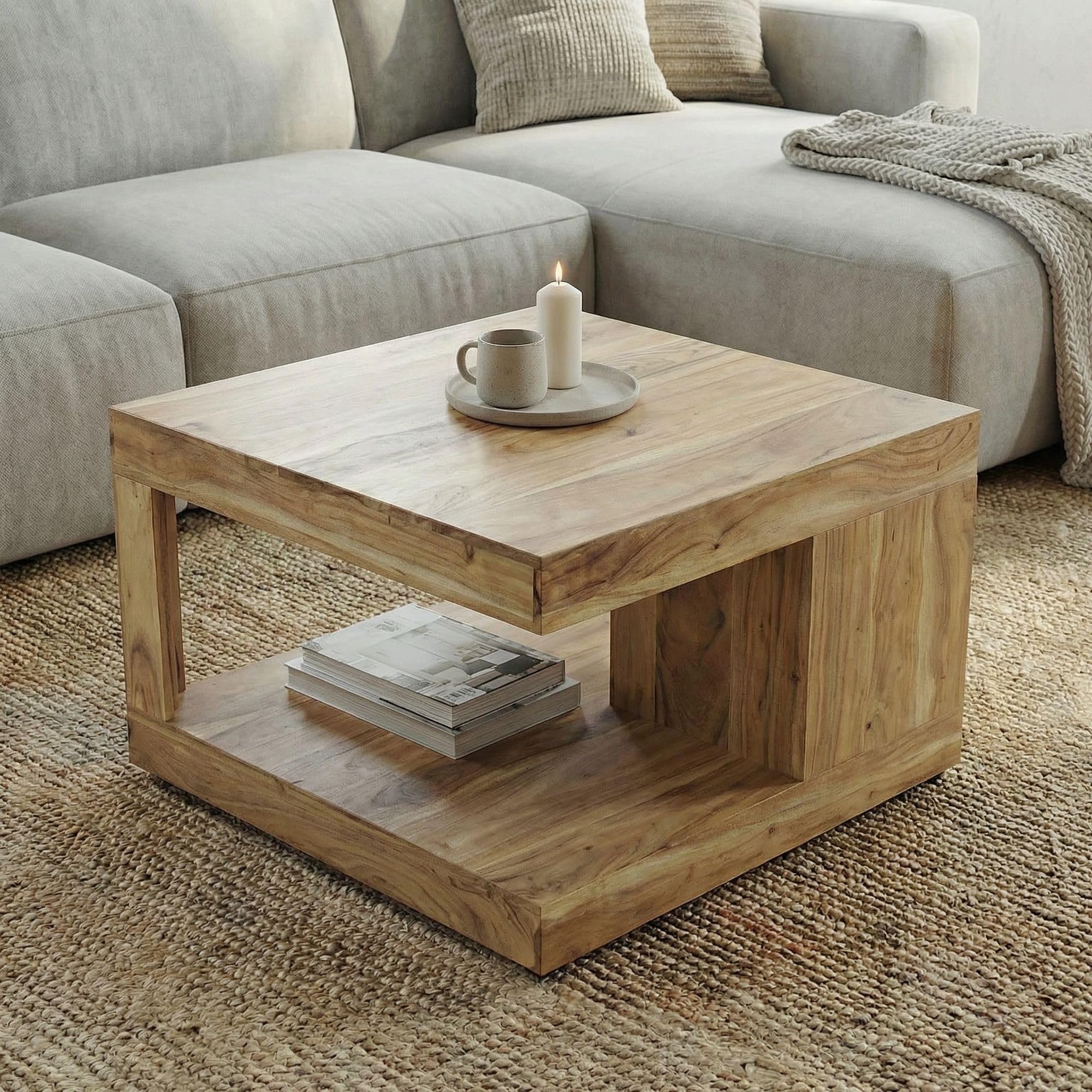FineBuy Mesa de centro de madera maciza de acacia, 60 cm, mesa cuadrada para salón con compartimento, mesa de sofá de diseño, mesa de salón abierta, mesa auxiliar natural hecha a mano