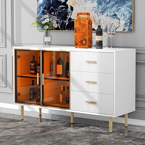 Modern 60'' Sideboard Large Storage Buffet Cabinet with 3 Drawers, Console Table Kitchen Buffet Cabinet with Gold Metal Legs and Tempered Glass Doors for Living Room Kitchen Entryway (White+Glass)