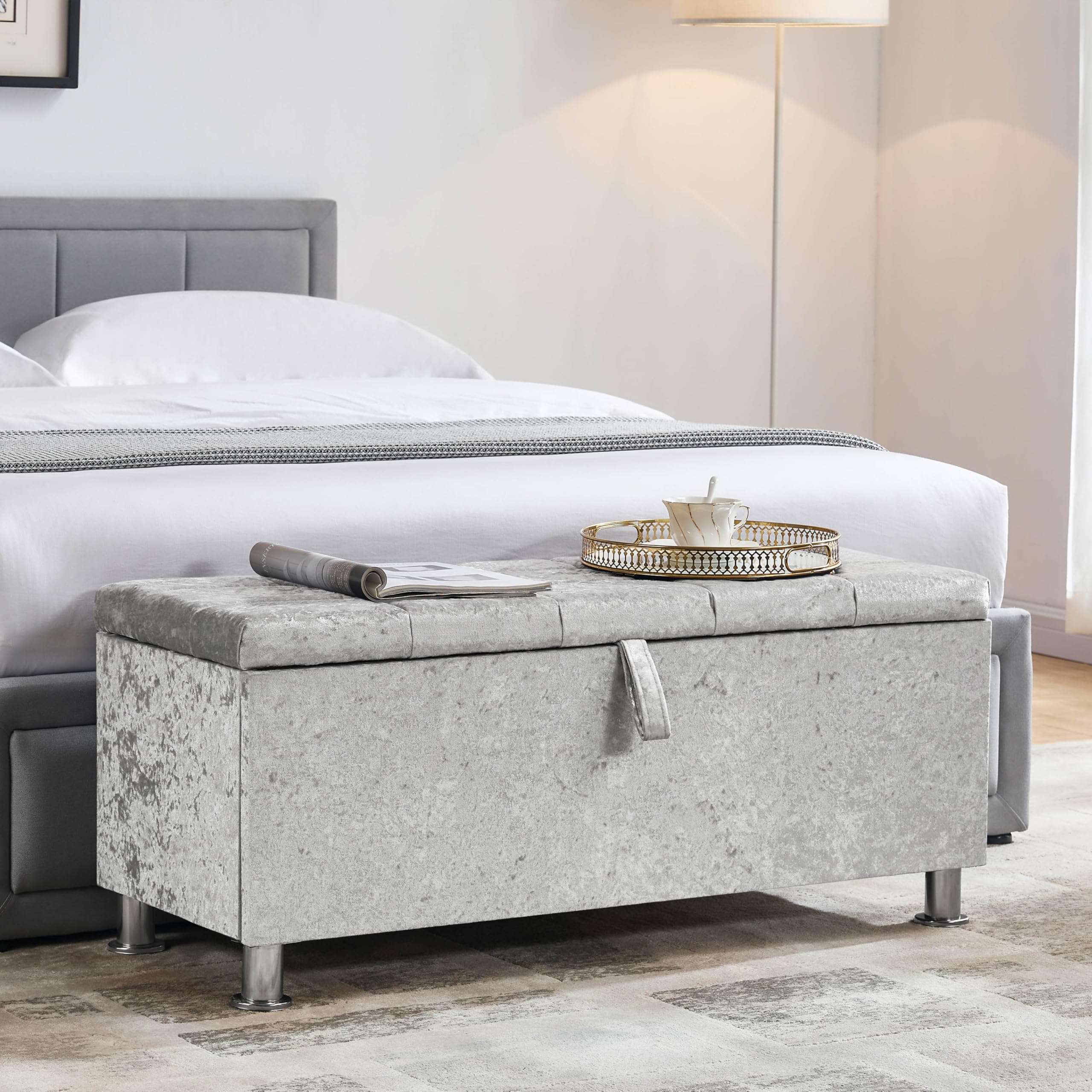 Valencia Fabric Storage Ottoman - Crushed Velvet Silver