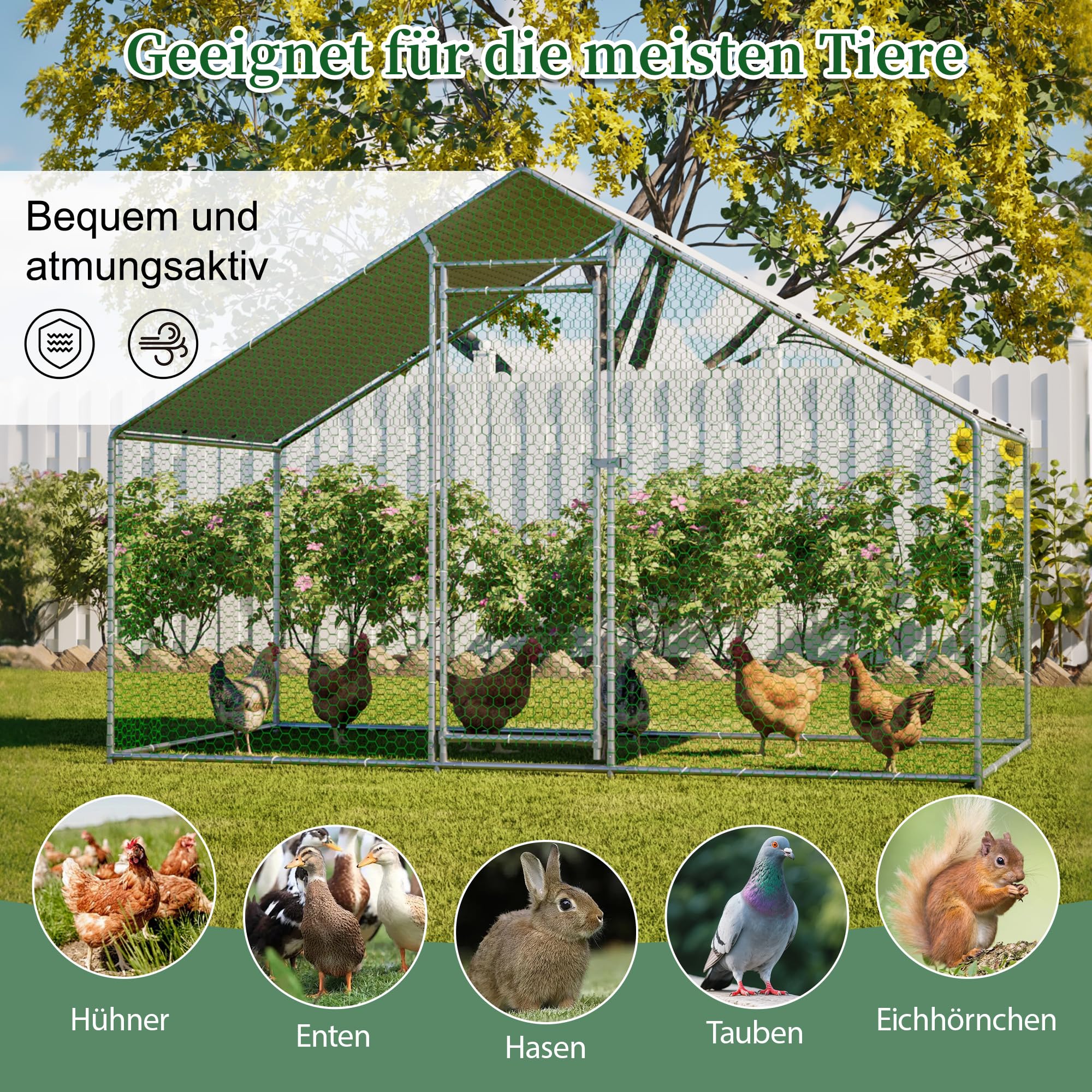 Hühnerstall Freilaufgehege 3x1,5x2m Wasserdicht PE-Plane Geneigtes Dach