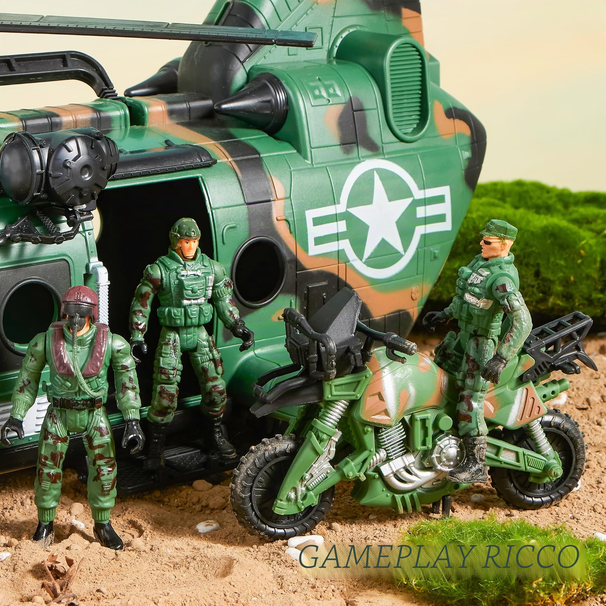 JOYIN 10-in-1 Jumbo Giocattolo Elicottero da Trasporto Militare Set Compreso Elicottero con Luci e Suoni Realistici, Camion Militare, Barca Kayak, Moto, Action Figure