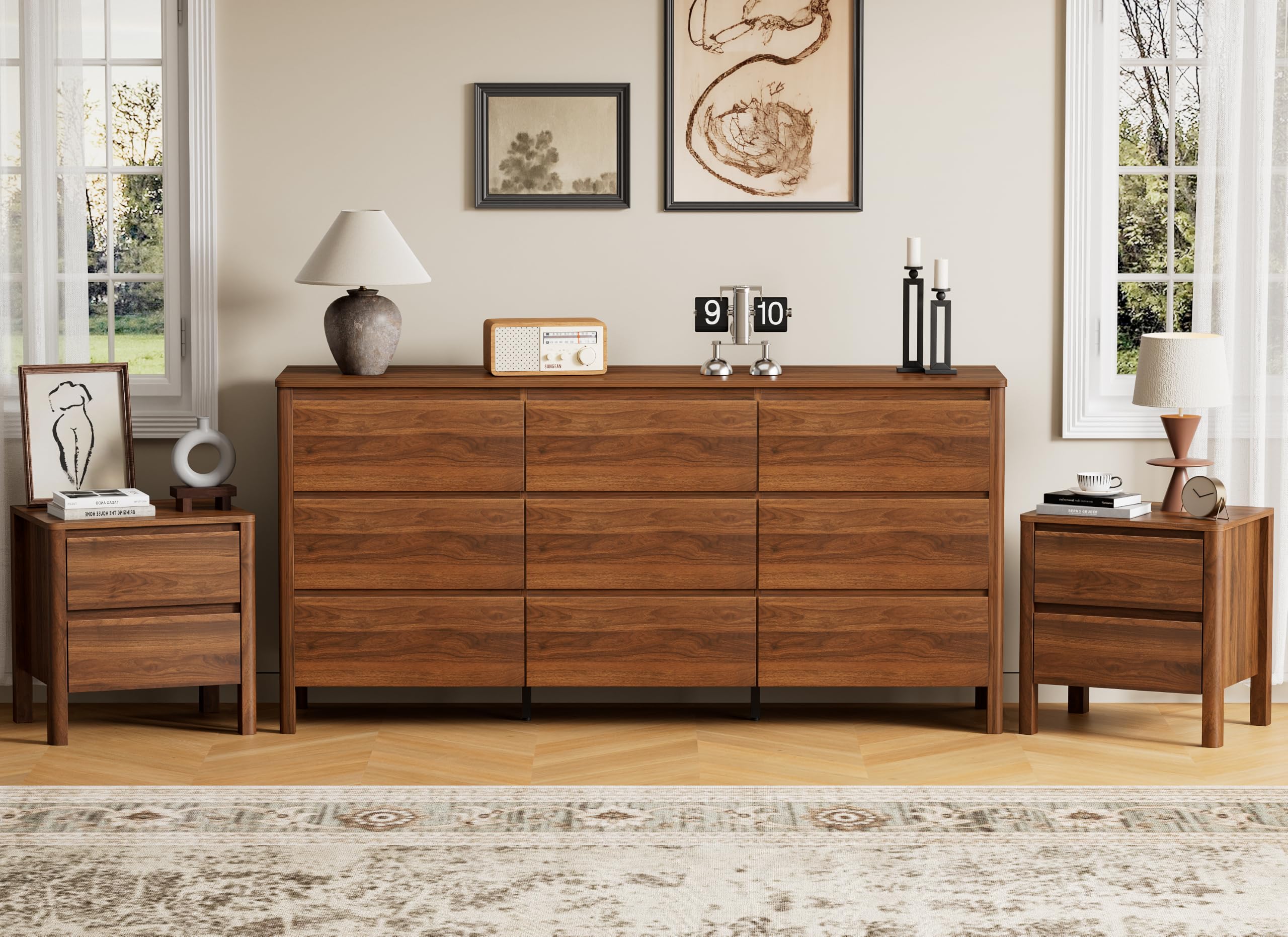 Furniway Walnut Mid-Century Modern Dresser and Nightstand Sets 3 Piece