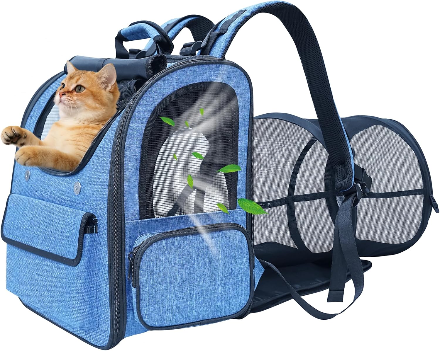 Large Cat Carrier with Tunnel Extension, Portable Small Dog Backpack with Ventilated Mesh Windows, Anti-Scratch Fabric, Luggage Strap and Chest Buckle for Travel, Hiking, Camping,Gray Blue