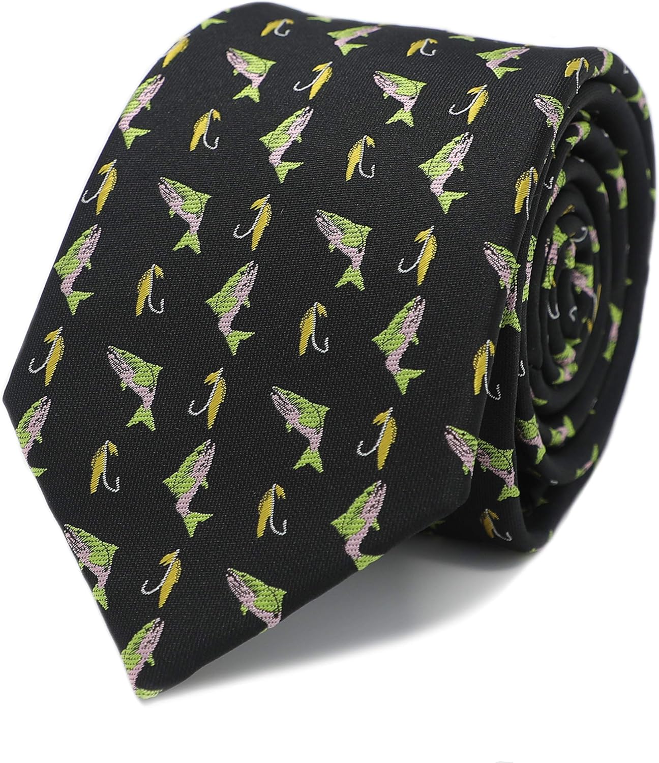 Fly Fishing Hook And Salmon Necktie With Box Microfiber Jacquard Fish And Hook Pattern tie