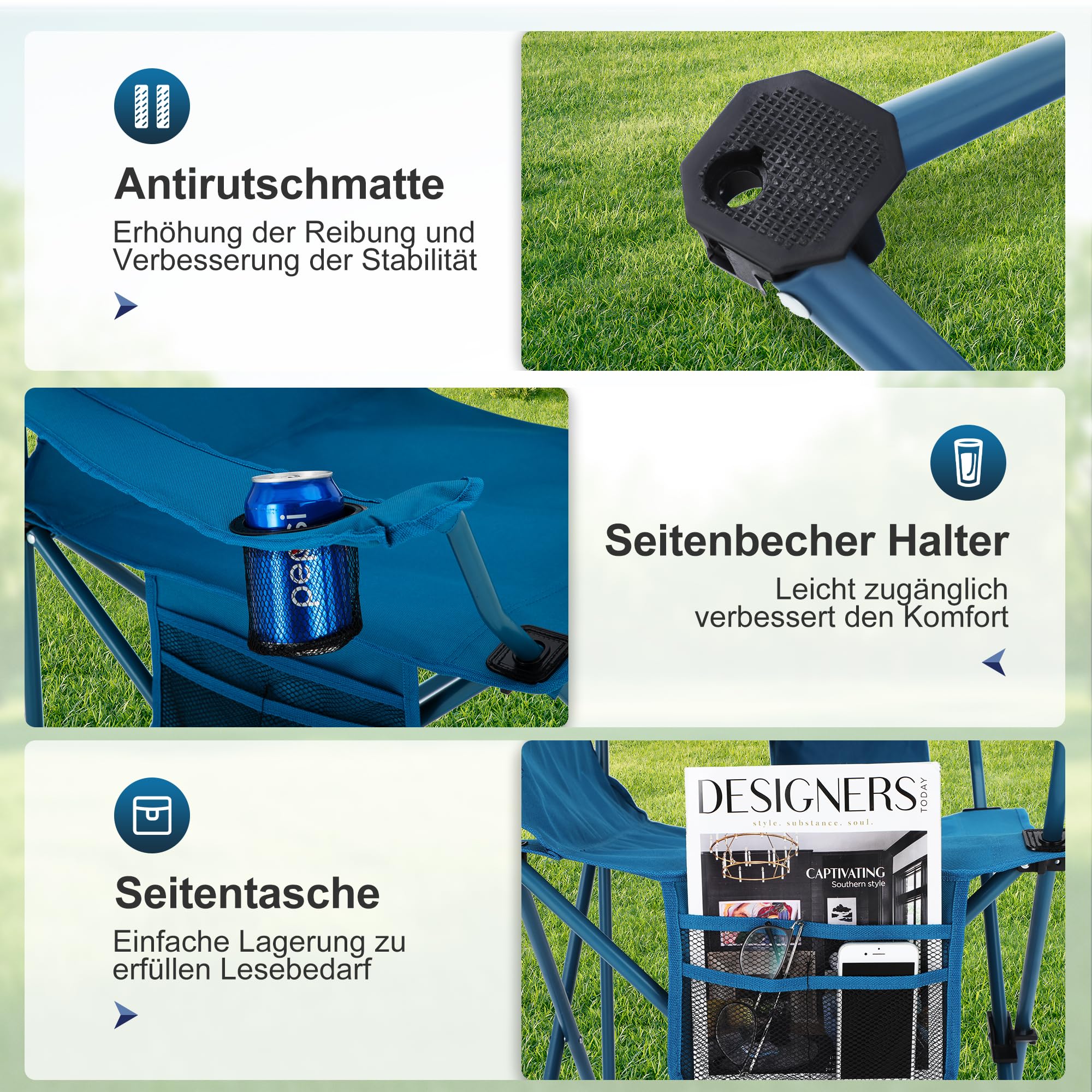 LET'S CAMP Campingstuhl 2er Set Klappstuhl Campingsessel mit Getränkehaltern Faltstuhl Camping Angelstuhl Klappbar mit Armlehnen Outdoorstuhl