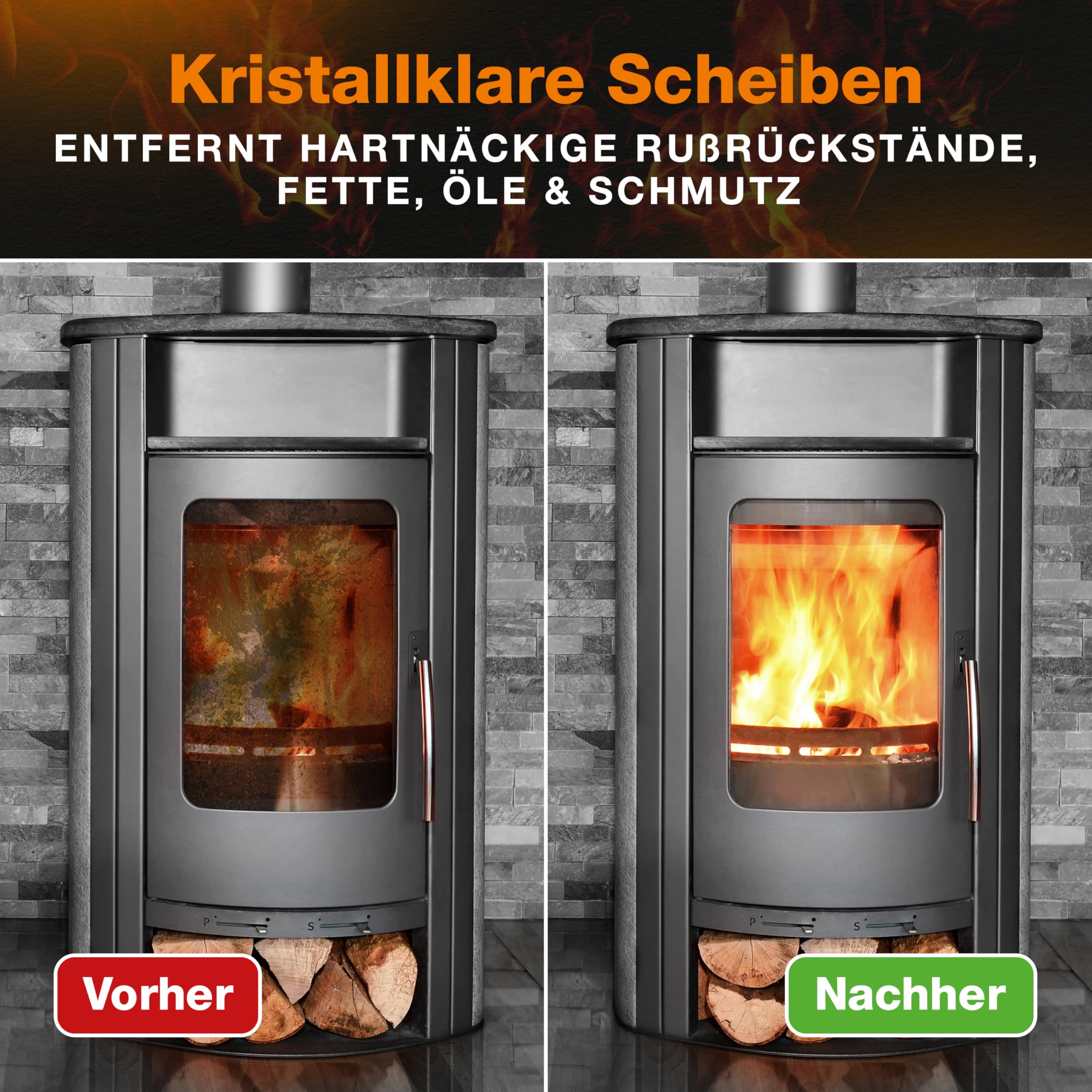Kaminscheibenreiniger - Kraftvoller Kaminglasreiniger & Ofenglasreiniger für porentiefe Sauberkeit auf Glas & Metalloberflächen - Kaminglasreiniger extra stark - Kaminreiniger (1x400ml Dose)