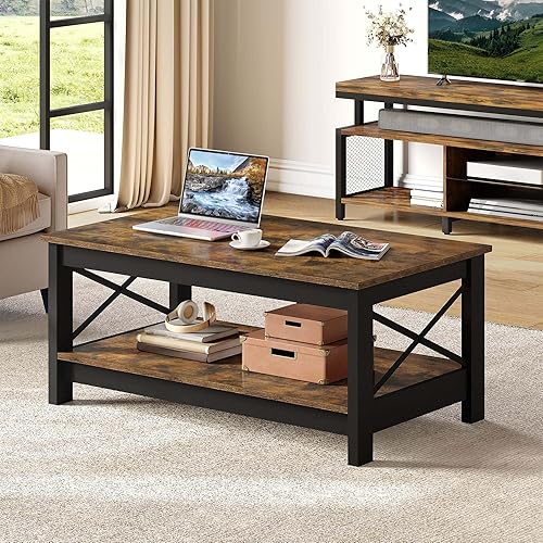 Miniatura 29 de YITAHOME Mesa auxiliar para sala de estar, moderna mesa de centro de granja con almacenamiento, mesa central de 2 niveles de madera, mesa de sala de