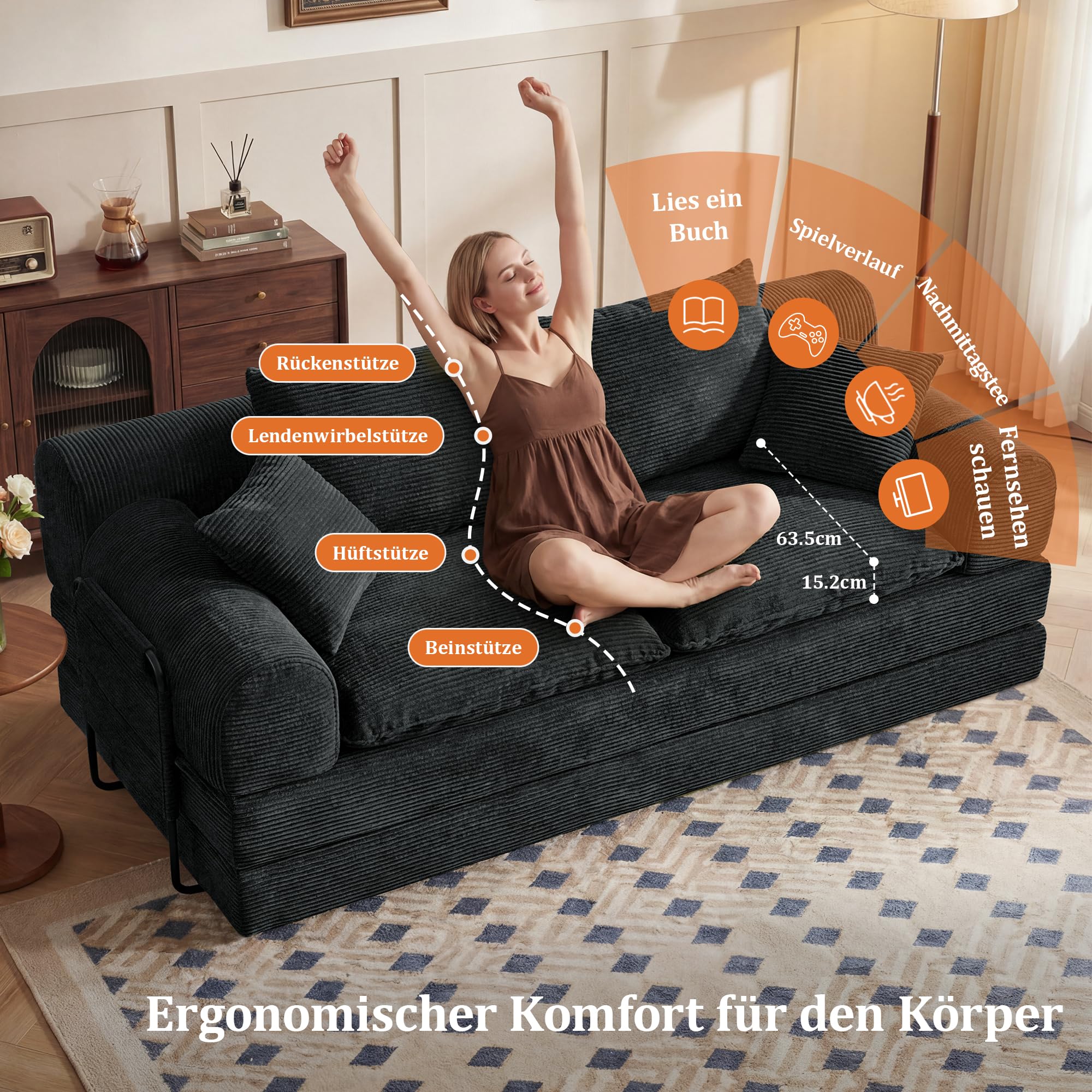 Vipbear Schlafsofa 201cm Breit, Boneless Couch mit Schlaffunktion Cord Sofa | 5-in-1 Bodensofa, 3 Sitzer Boneless Schlafcouch, Cloud Modulares Sofa Bed für Wohnzimmer Schlafzimmer Lounge Schwarz