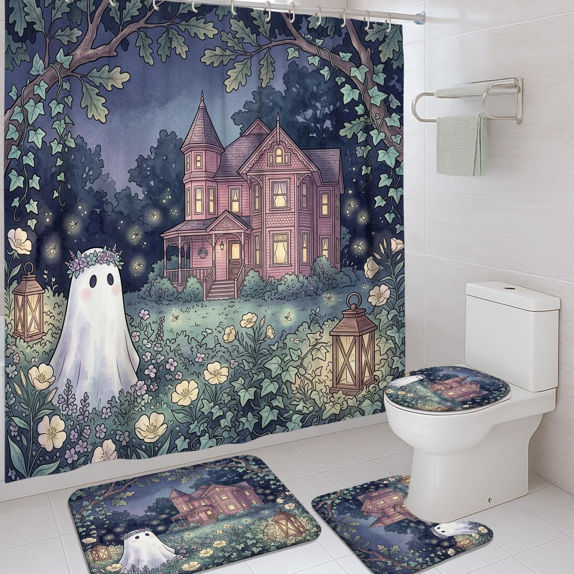 Rideau de douche fantôme Halloween pour déco de salle de bain victorienne