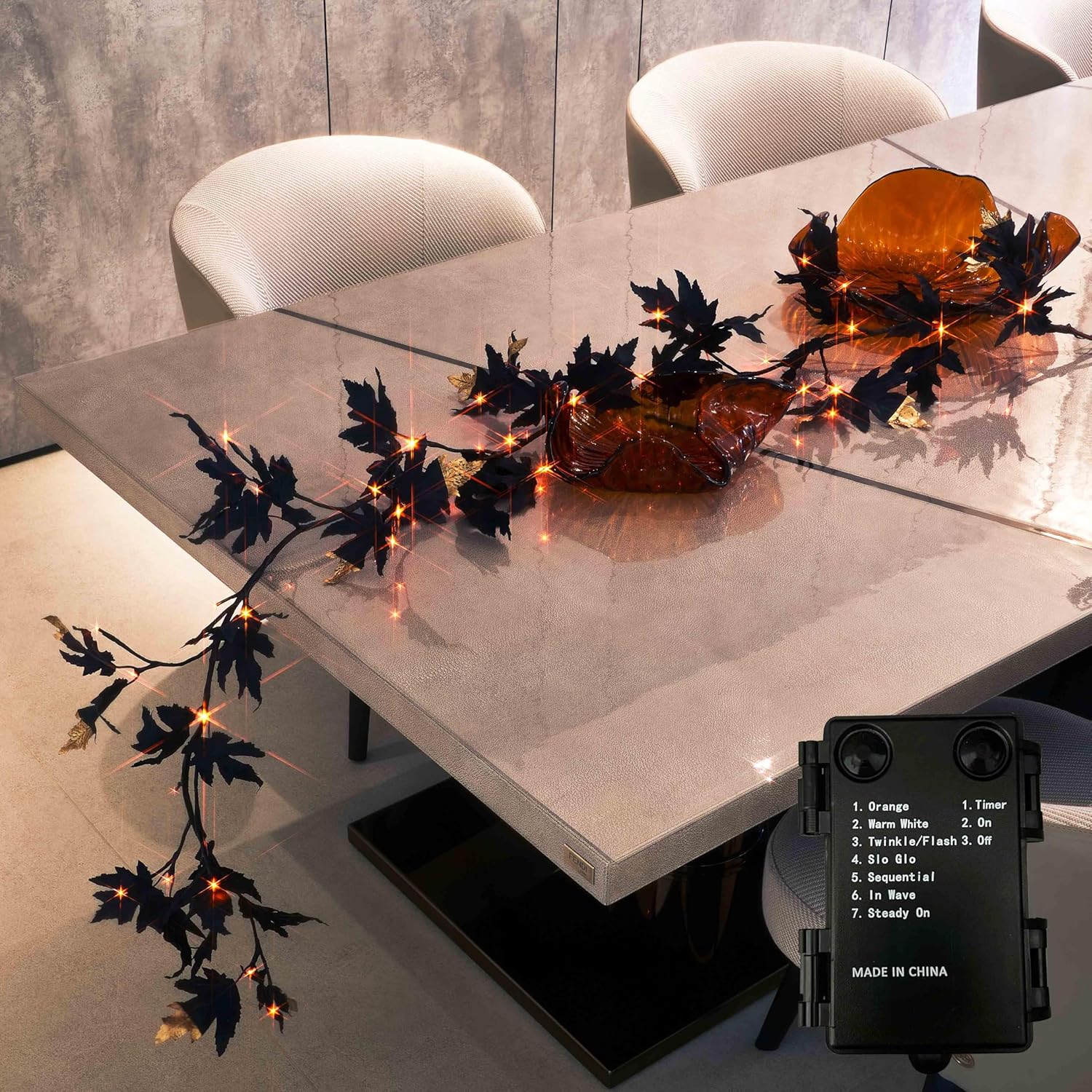 litbloom halloween garland with lights 6ft battery operated with timer, lighted black maple garland with 48 orange and warm white led lights for home fireplace mantle table fall halloween decoration