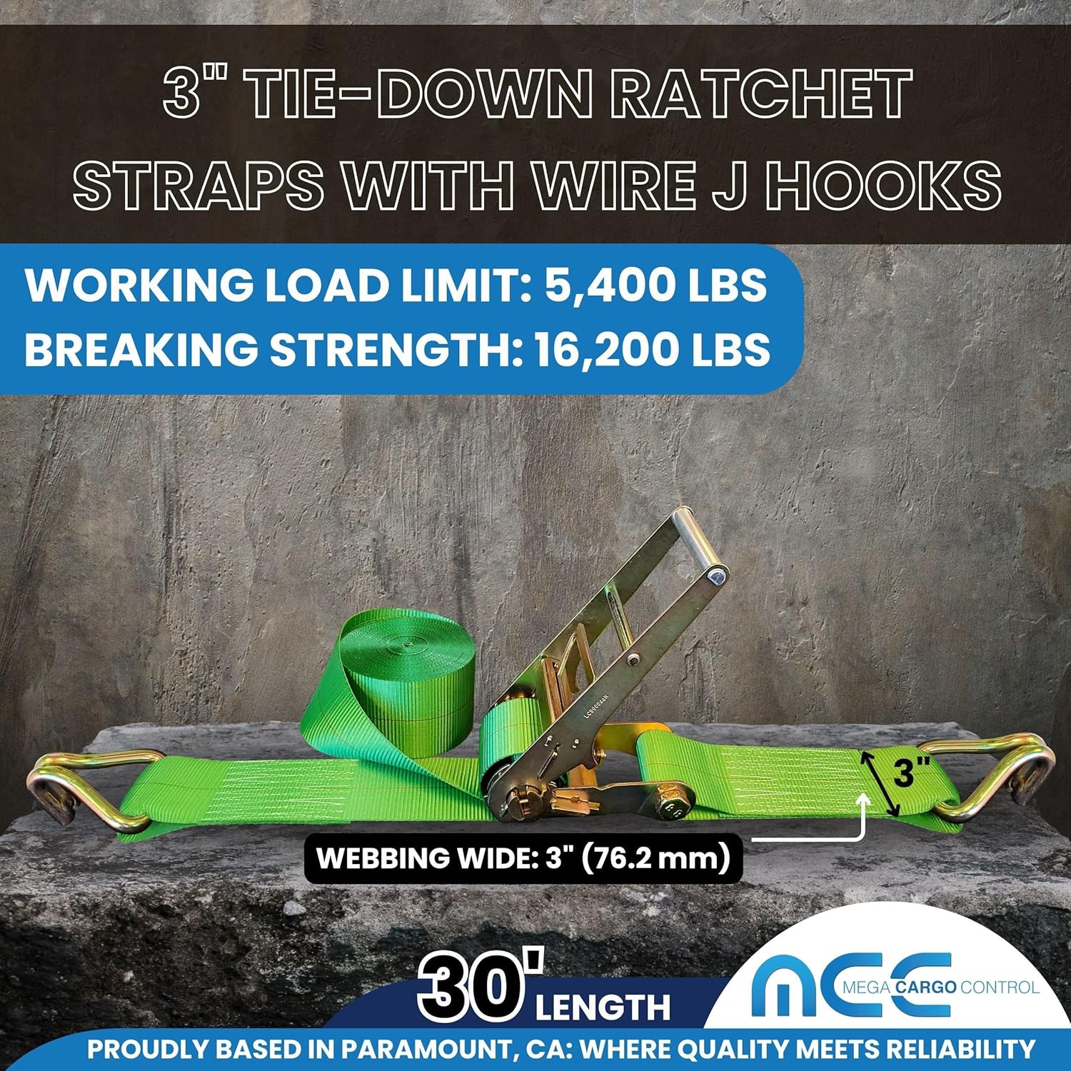 Mega Cargo Control J Hook Ratchet Straps, 3" x 30' Heavy Duty Tie Downs for Cargo Hauling, Flatbeds, Trailer (Green, 2 Pack)