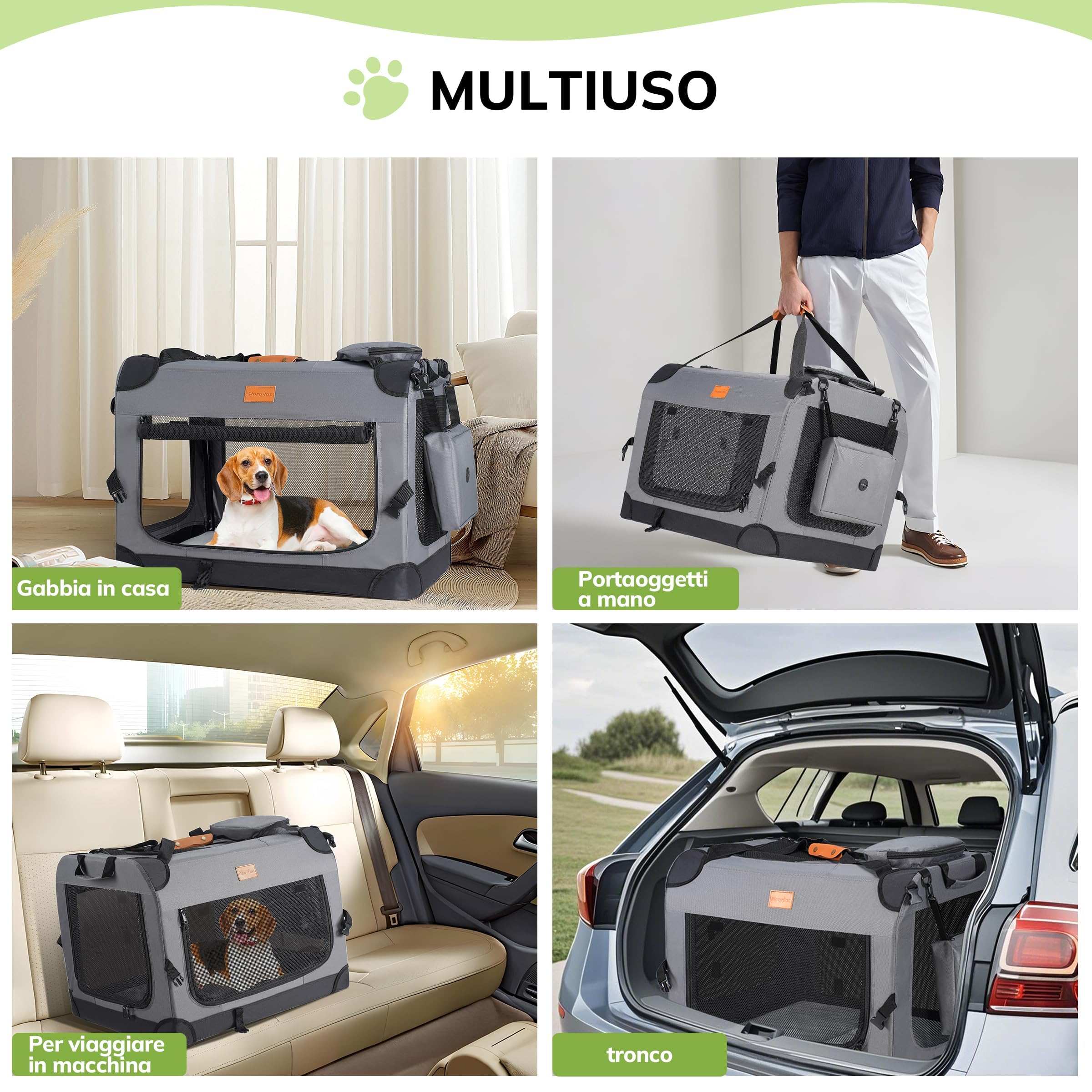 Morpilot Trasportino per gatti grandi e cuccioli fino a 12 kg, con cerniere di sicurezza, pieghevole, per il trasporto di gatti e cani, per andare al veterinario, 60x42x42cm, Grigio Fumo(M)