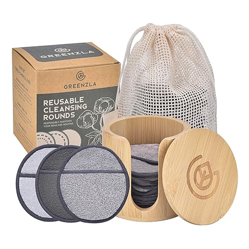 Greenzla Reusable Makeup Remover Pads Premium Set, 12 Pack Microfiber Cotton Pads, Charcoal Cotton Rounds, Bamboo Terry Face Wipes for All Skin Types with Mesh Laundry Bag and Bamboo Storage - 12 Pack - Bamboo Holder