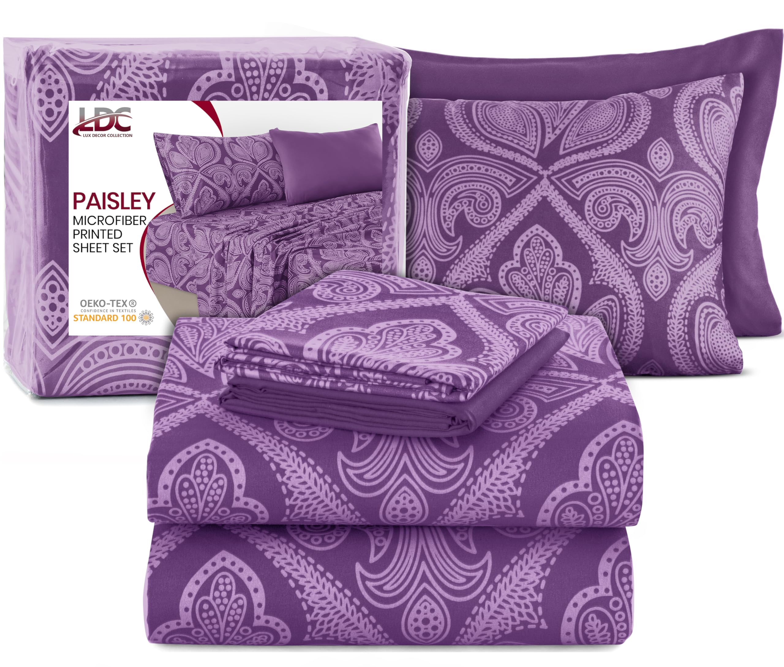 Soft & Breathable Brushed Microfiber Wrinkle-Free Paisley Sheets, Boho Bed Sheet Set – 16" Deep Pocket Fitted Sheet, Flat Sheet & 4 Pillowcases, Juegos de Sábanas, OEKO-TEX - Purple, Queen