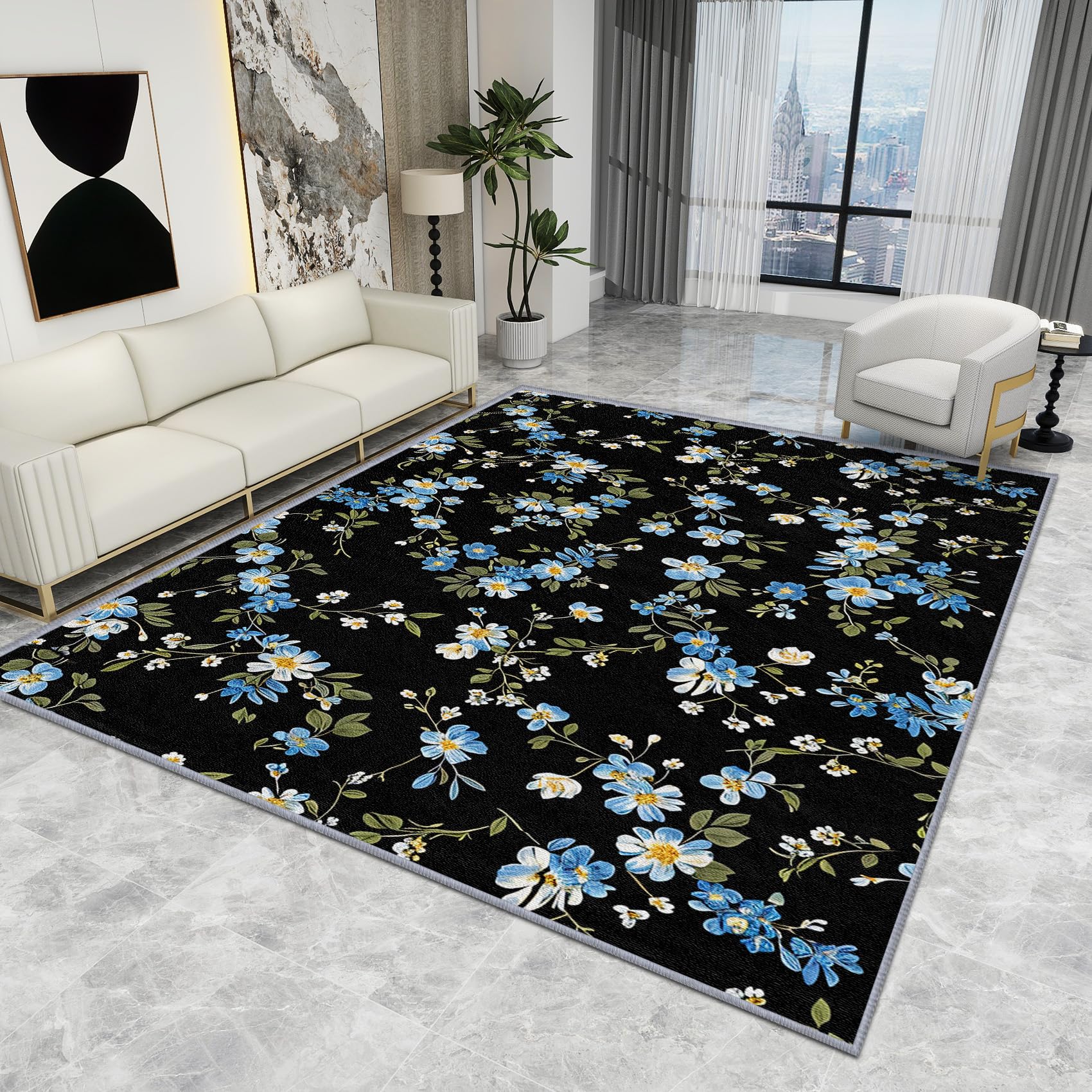 Floral Rugs for Living Room - Floral Rug - Vintage Blue Flower Botanical Rugs, Elegant Cottagecore Wildflower Black Carpet, Washable Rug Non Slip Large Area Rugs, Floral Home Decor Gifts, 120 X 120 cm