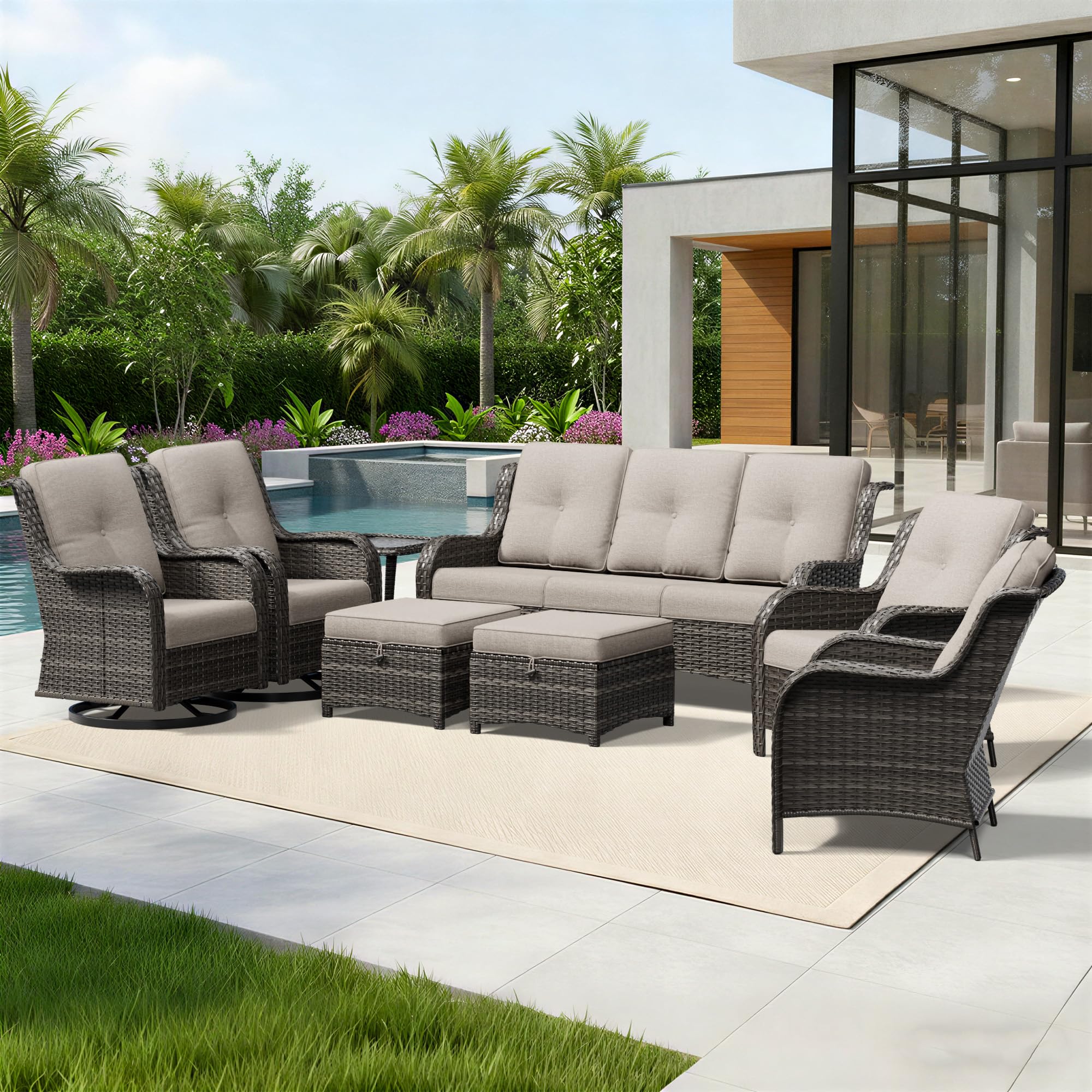 Joyside 8 Piece Wicker Patio Furniture Set, Outdoor Swivel Rocker Patio Chairs with High Back, Deep Seating, Wide Armrest, Thickened Cushions, Outdoor Furniture for Deck, Porch Use