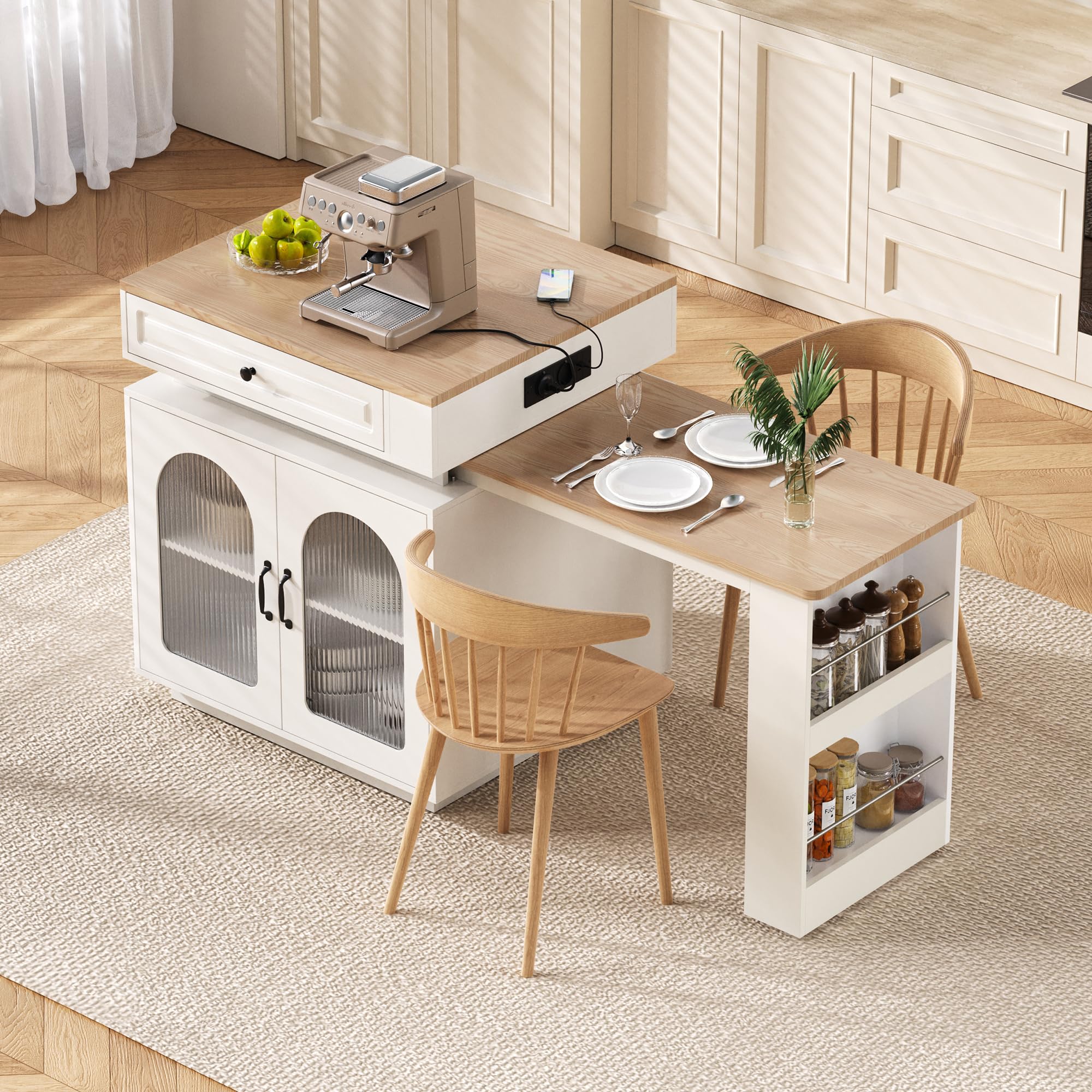 Tavolo da pranzo convertibile a isola su ruote, allungabile, a LED, con barra a strisce elettriche, versatile credenza bianca per cucina e sala da pranzo, mobili salvaspazio