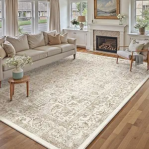 Light Brown Area Rug 10x12 Machine Washable Large Vintage Living Room Distressed Non Slip Carpet Traditional Indoor Bedroom Retro Floral Accent Throw Rug for Office Kitchen Dining Room