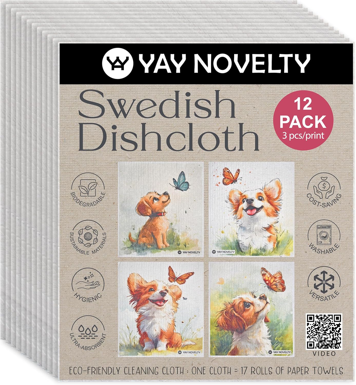 Swedish Dishcloths - 12 Pack | Made in Germany | Ultra-Absorbent, Reusable Cellulose Sponge Cloths for Kitchen | No-Odor, Eco-Friendly Cleaning Wipes | Water-Based Ink | Bee