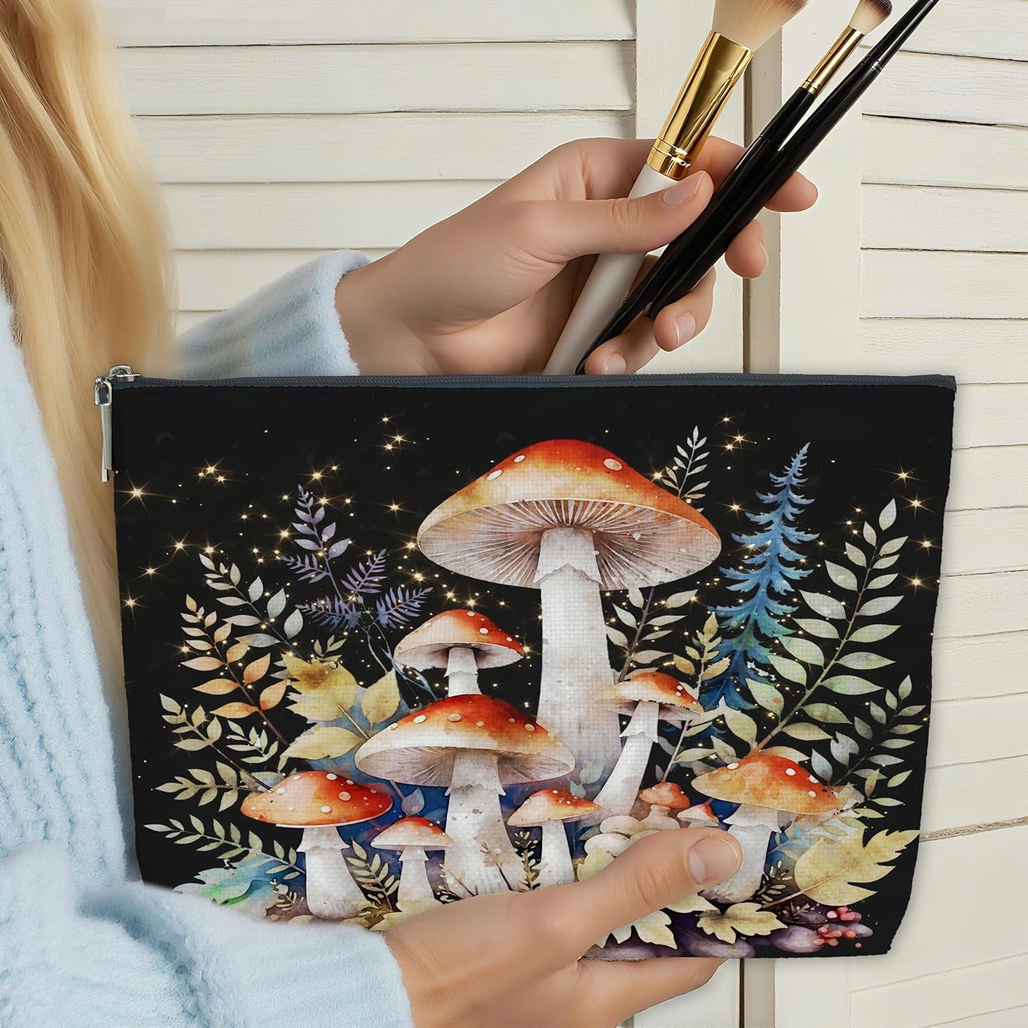 Mushroom Makeup Bag for Women, Watercolor Forest Linen Cosmetic Pouch - Enchanted Nature Organizer, Boho Gift for Her, Birthday Fantasy Essential - Image 5