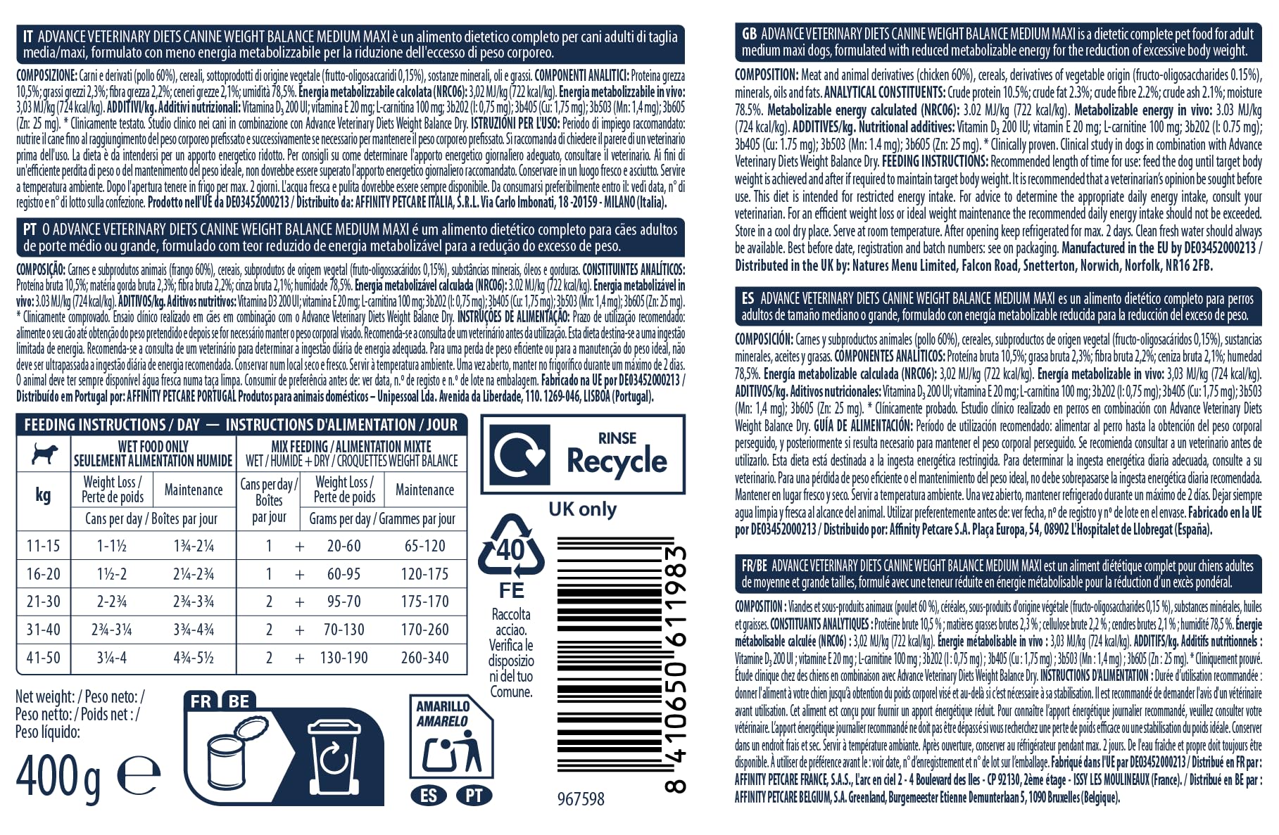 Advance Diets Cibo Umido per Cani - Weight Balance - 6 scatolette da 400g