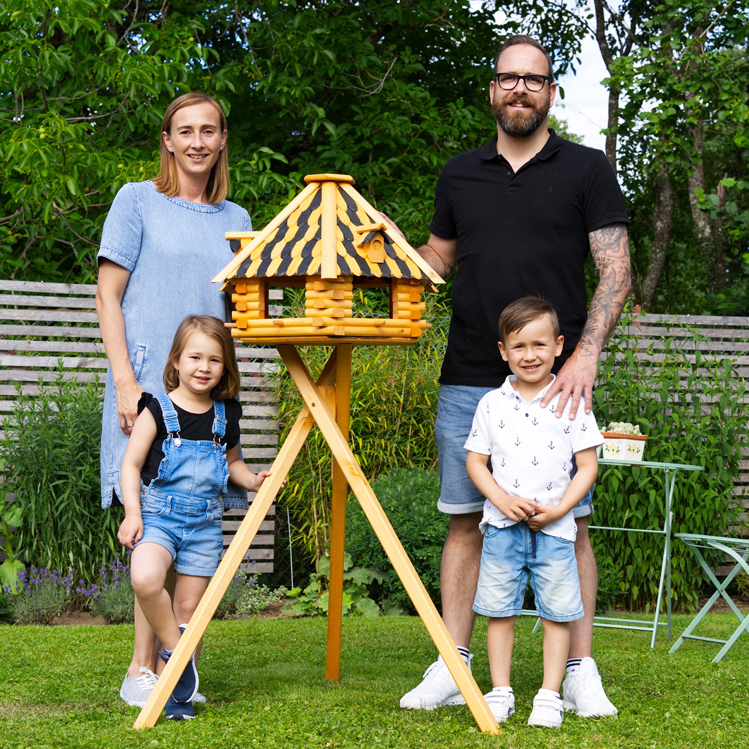 Deko-Shop-Hannusch XXL Luxus Vogelhaus wahlweise mit Solarbeleuchtung absoluter Blickfang, Vogelfutterhaus aus Holz, V13 XXL wahlweise mit Ständer, Silo (XXL mit Ständer, anthrazit Steindach)