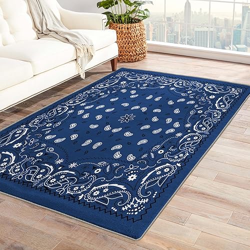 Alfombra bandana azul, alfombra de 2 x 3, alfombras de área de cachemira para dormitorio, sala de estar, entrada, alfombra pequeña estampada y