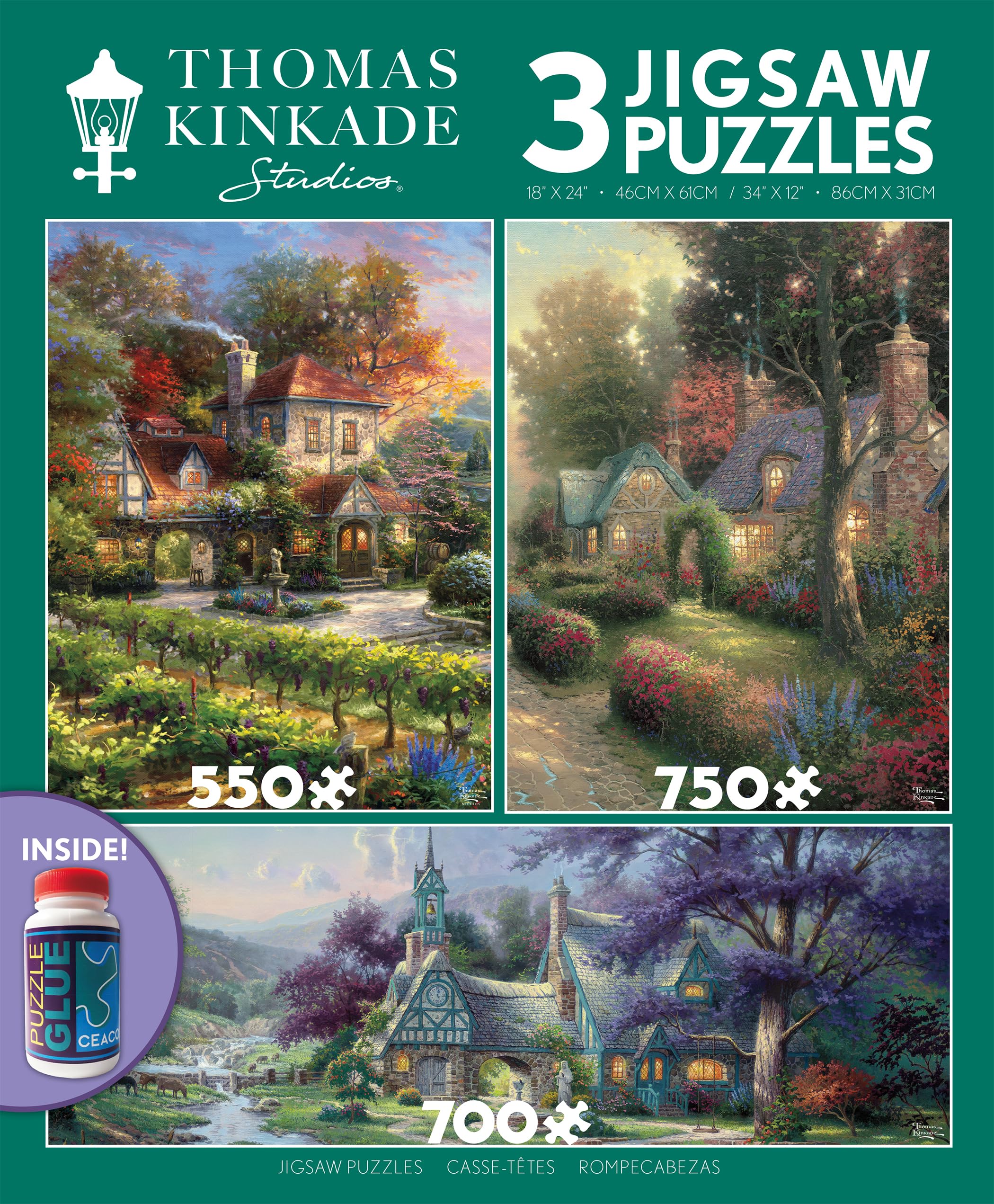 Ceaco3 in 1 Multipack - Thomas Kinkade - Clocktower Cottage - (1) 550 Piece, (1) 750 Piece, (1) 700 Piece Panoramic Jigsaw Puzzle