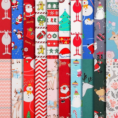 20 Pieces 10 x 10 Inch Christmas Fabric Multi-Color Fabric Patchwork Bundles Sewing Square Mixed Fabric Christmas Printing Quilting Fabric Santa Snowman Printed Fabric Scrap for DIY