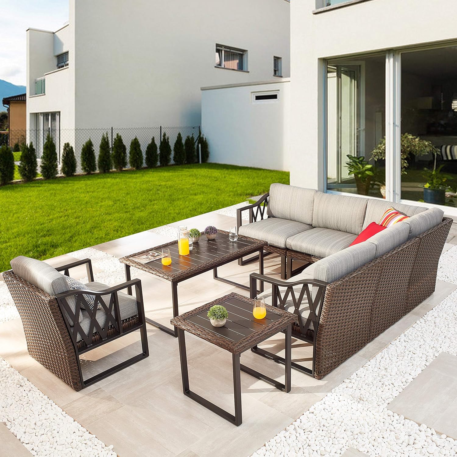 PatioFestival Wicker Patio Coffee Table Side Patio Bistro Table Metal Rattan Furniture with All Weather Steel Frame