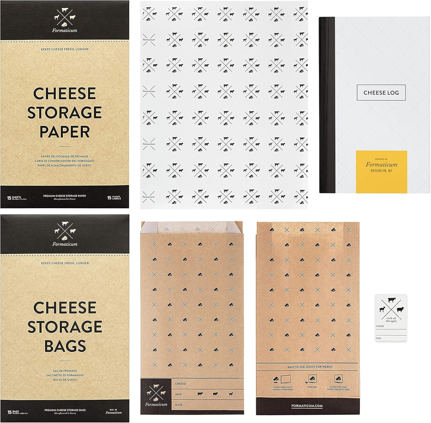 Formaticum Cheese Storage Kit - Cheese Storage Bags, Cheese Storage Paper and Cheese Log Pocket Journal - Cheese Paper for Wrapping Cheese - Porous Brown Paper Bags
