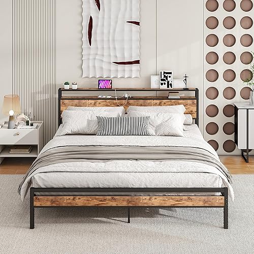 Miniatura 17 de BOFENG Base de cama individual con cabecera de almacenamiento/estación de carga USB, marco de cama de plataforma de metal resistente, tamaño Marrón